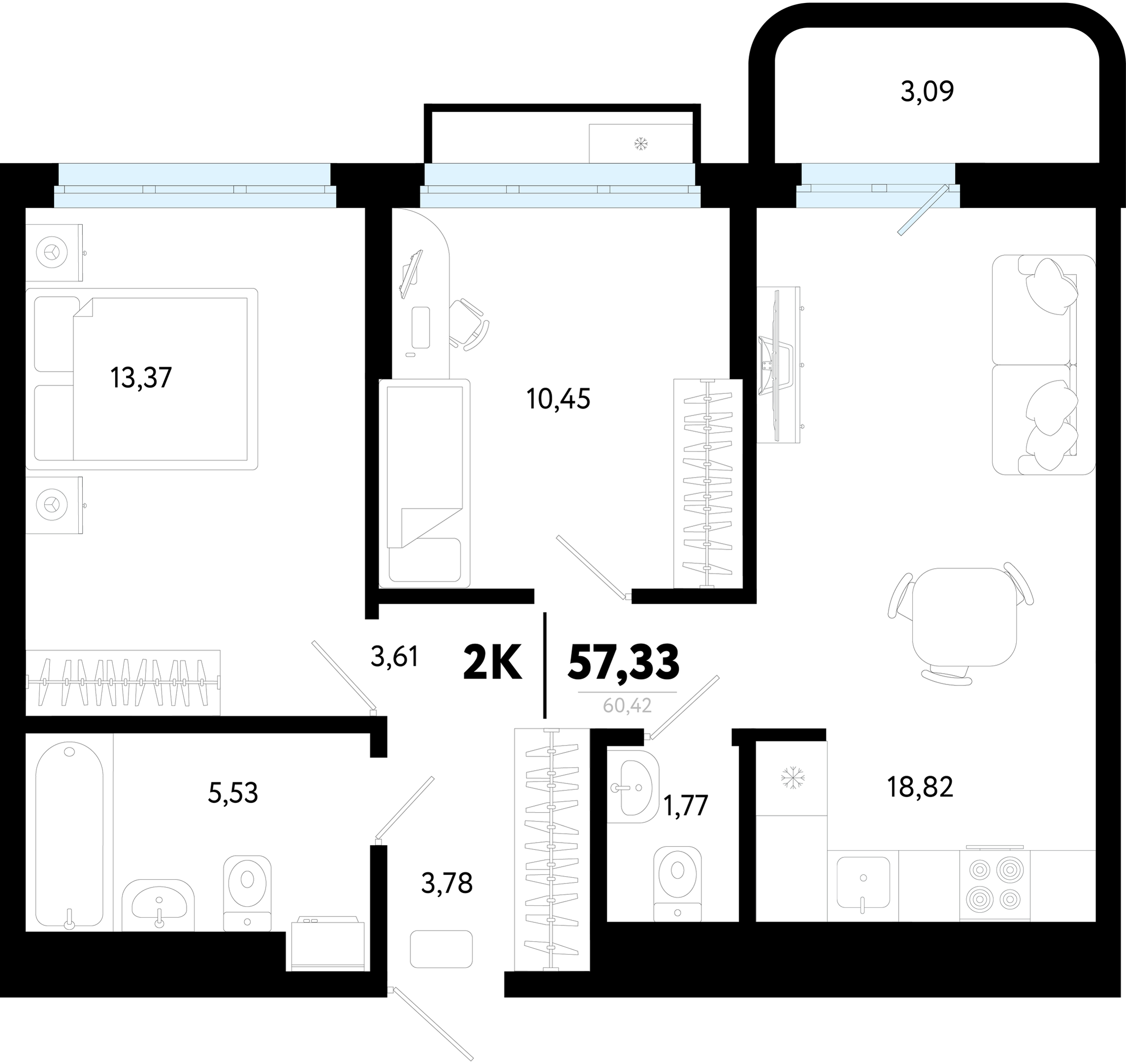 Планировка: Евротрешка 57.3 м² в ЖК Символ, Комарово Парк