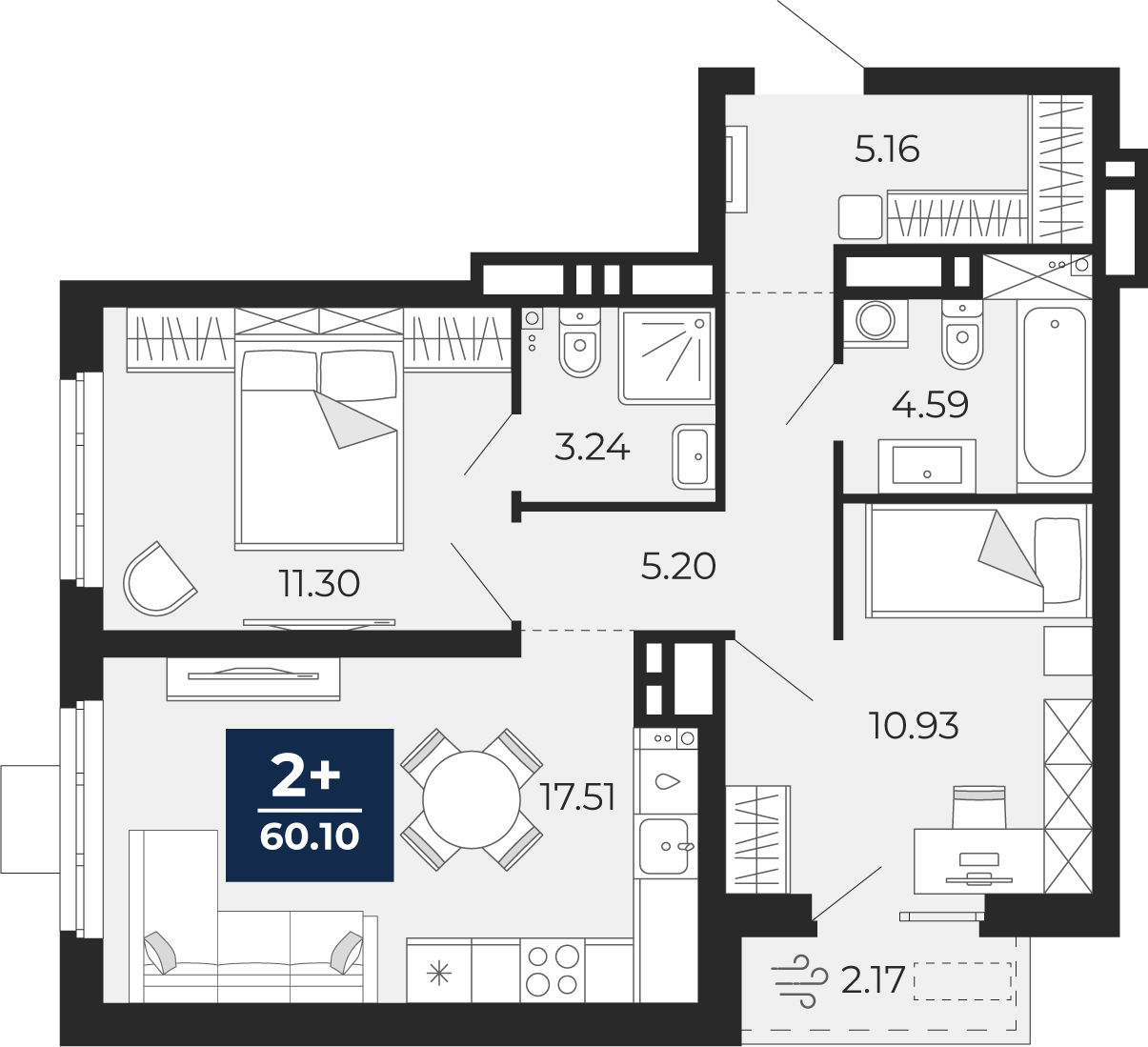Планировка: Евротрешка 57.9 м² в ЖК Мириады, Мыс