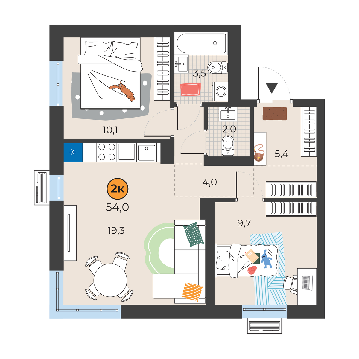 Планировка: Евротрешка 54 м² в ЖК Корней, Южный
