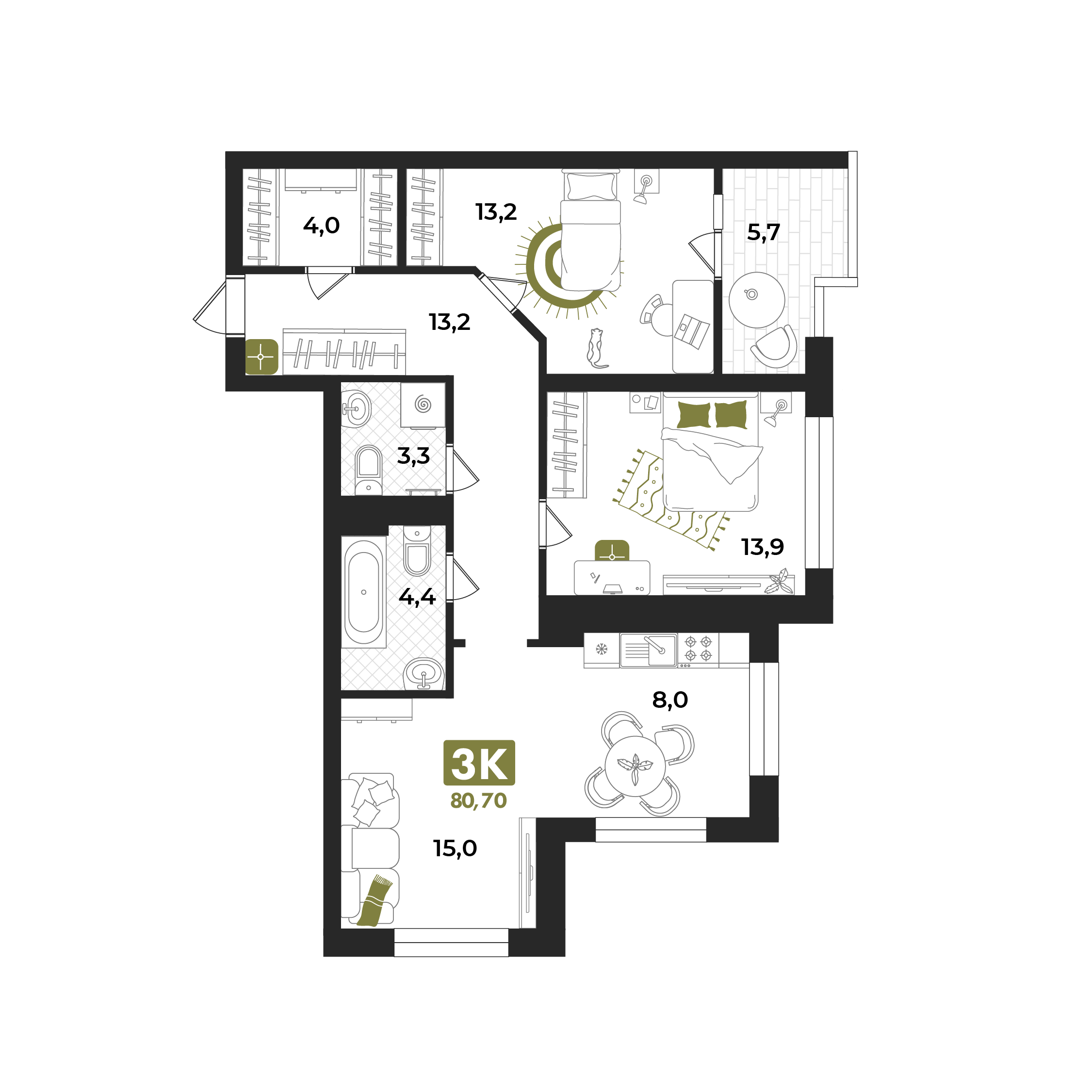 Планировка: Евротрешка 80.7 м² в ЖК Авторский проект "Опера", 5-й Заречный