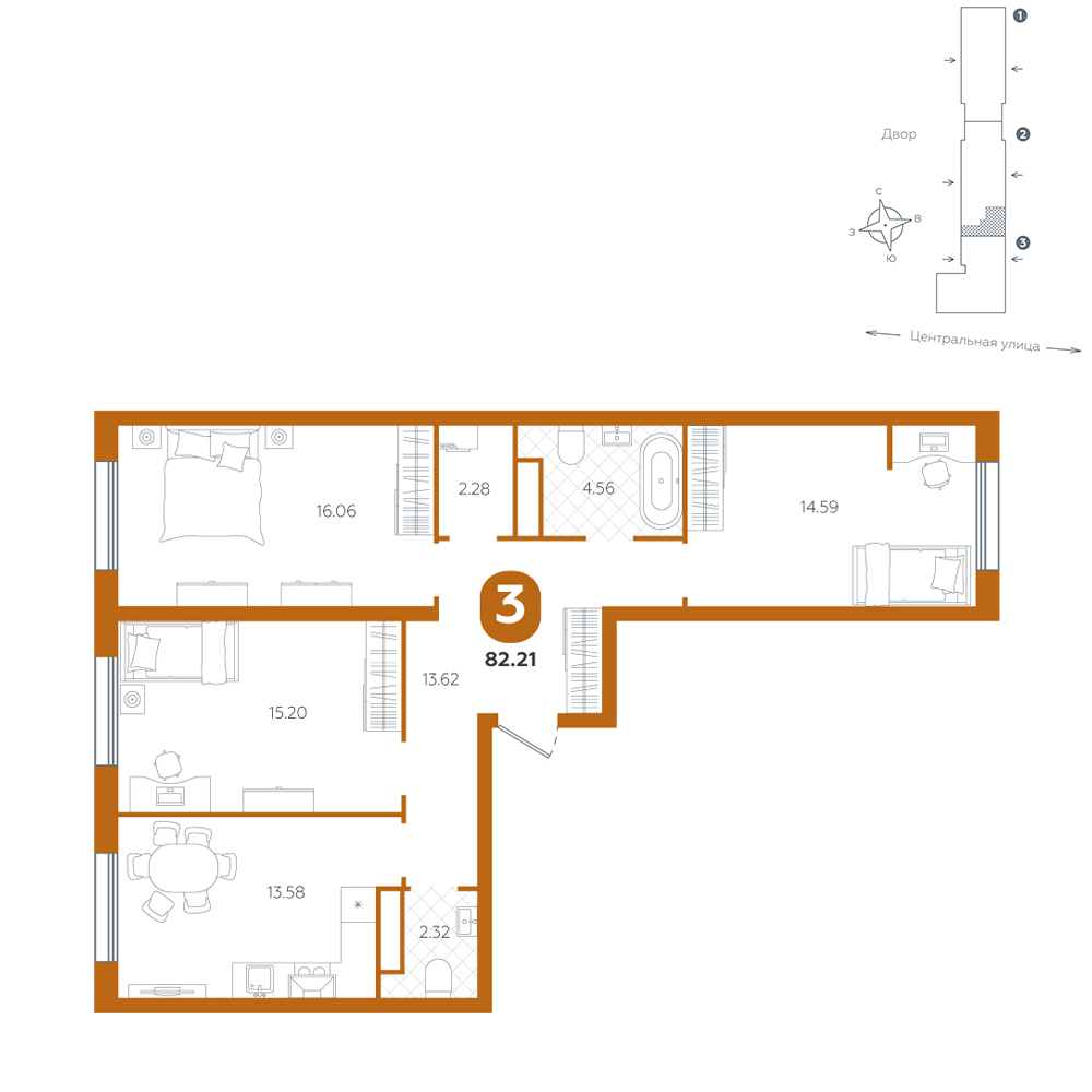 Планировка: 4-комнатная евро 82.2 м² в ЖК Крылья, Область