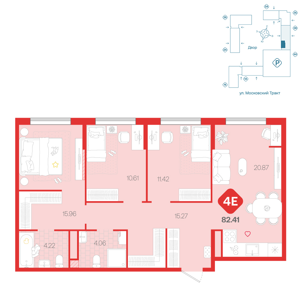 Планировка: 4-комнатная евро 82.4 м² в ЖК Сибирский, Московский тракт