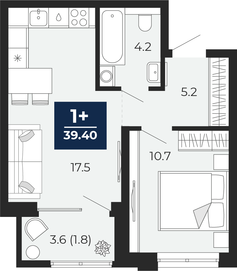 Планировка: Евродвушка 37.6 м² в ЖК Мириады, Мыс