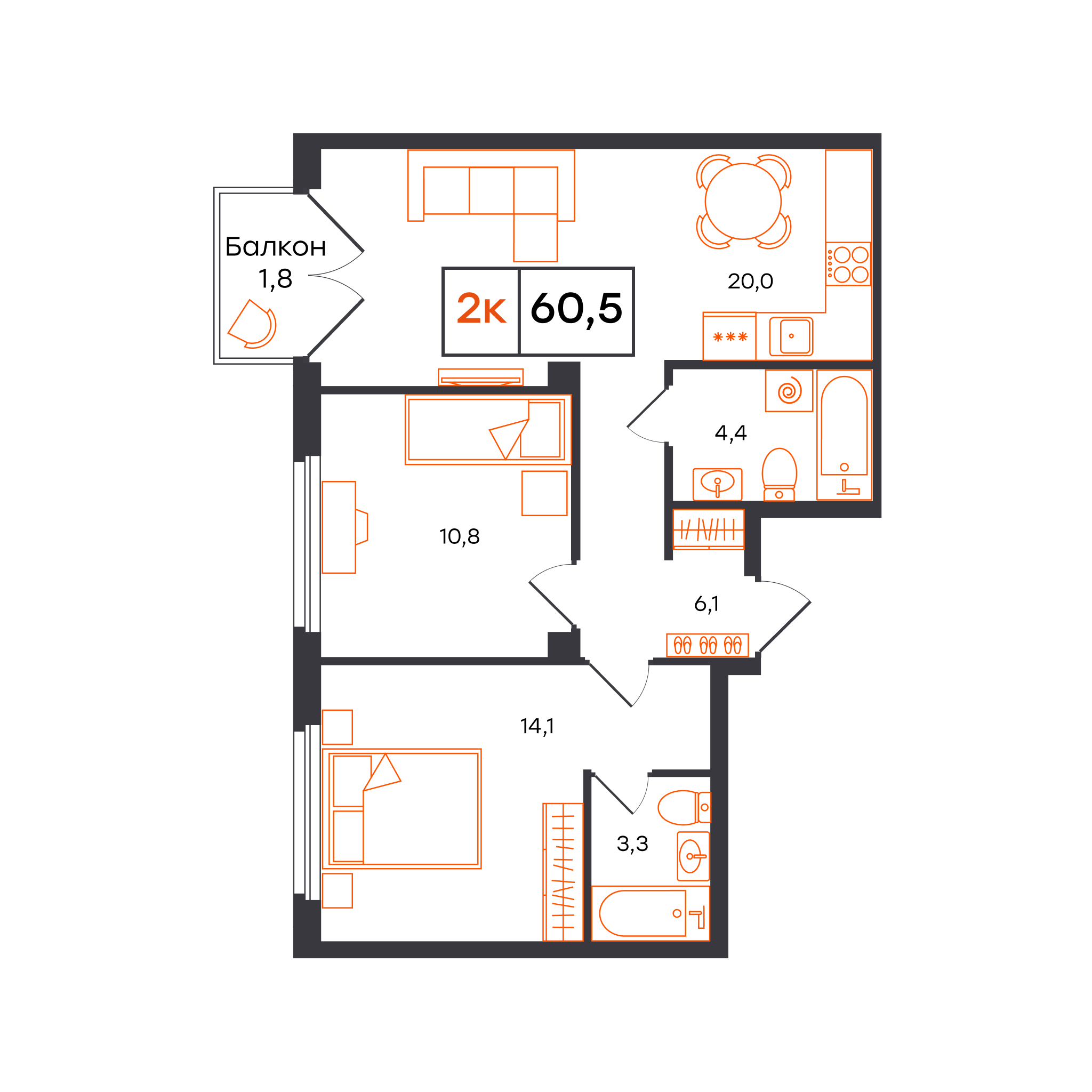 Планировка: Евротрешка 60.5 м² в ЖК Отличие, Комарово Парк