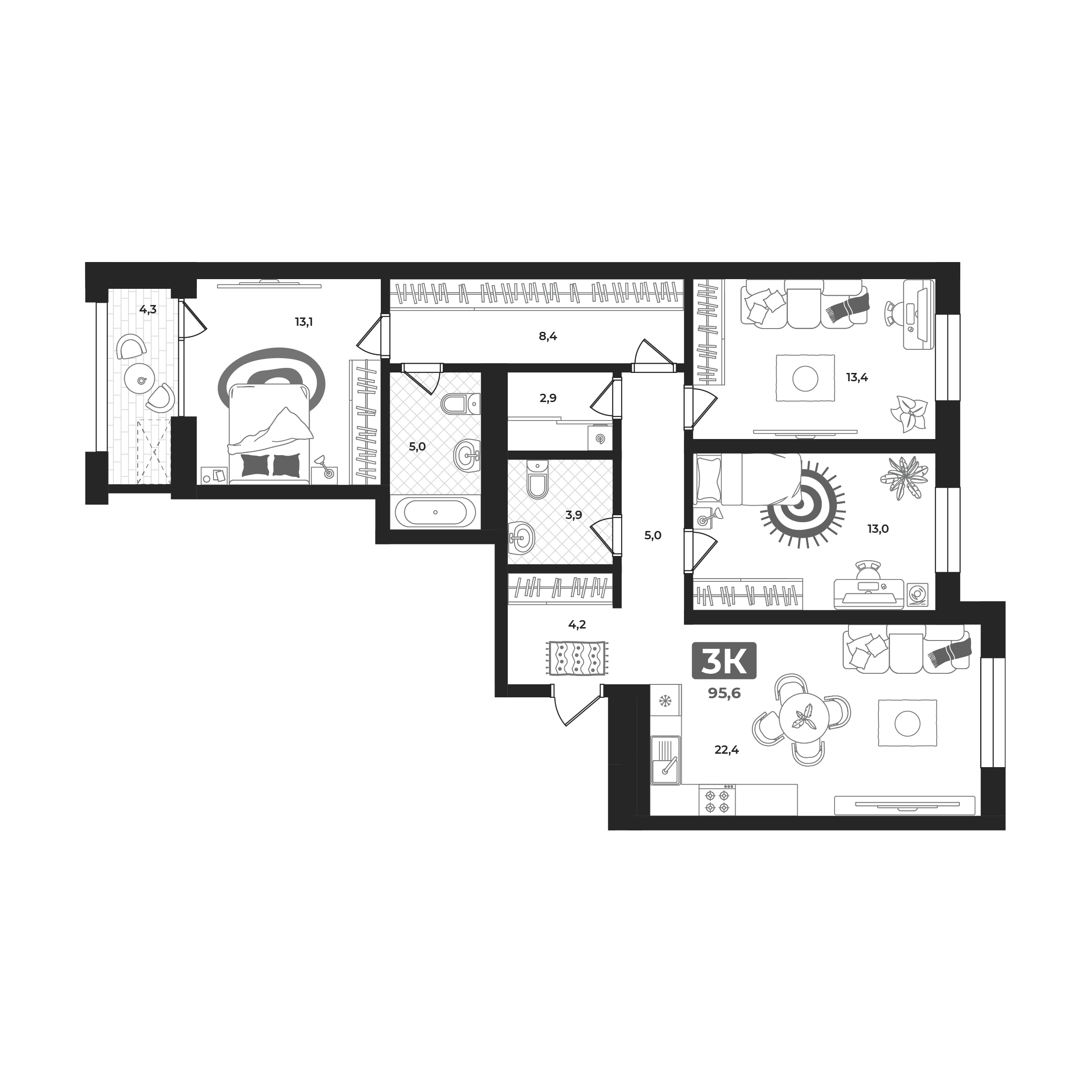 Планировка: 4-комнатная евро 95.5 м² в ЖК Маэстро, 5-й Заречный