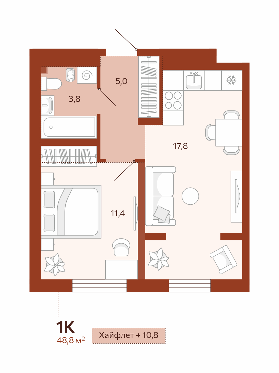 Планировка: Евродвушка 38 м² в ЖК Новатор, Центр: КПД
