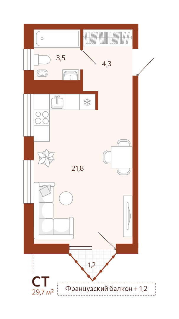 Планировка: Студия 30.8 м² в ЖК Новатор, Центр: КПД