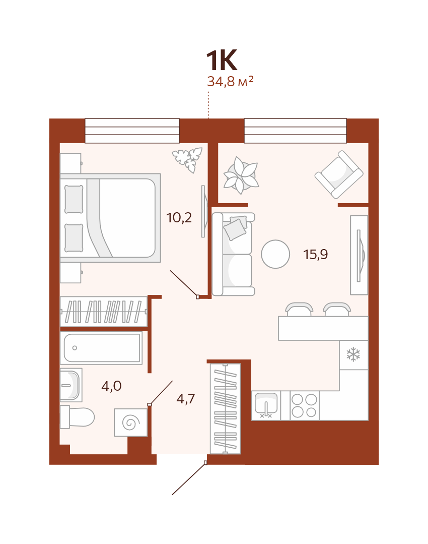 Планировка: Евродвушка 34.8 м² в ЖК Новатор, Центр: КПД