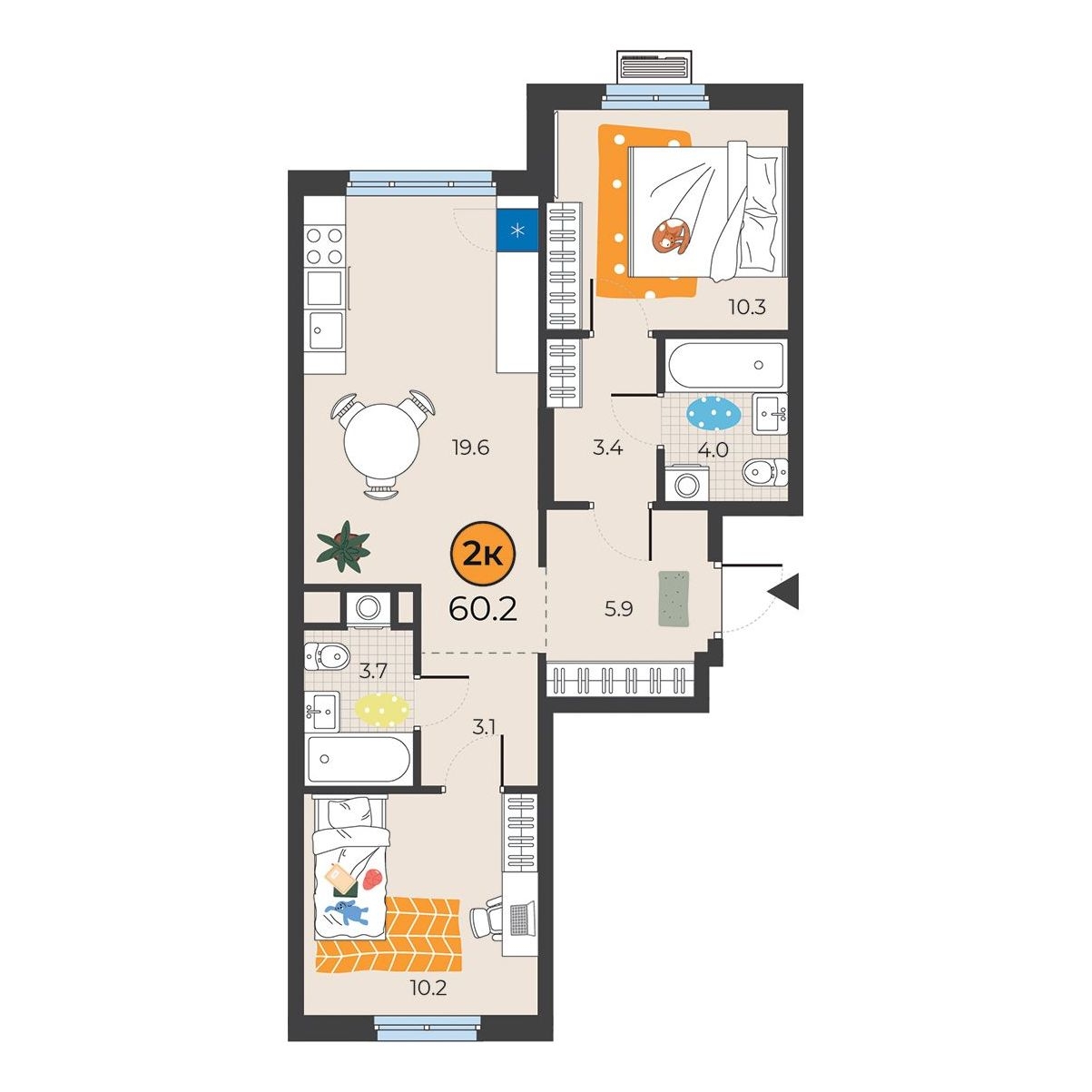 Планировка: Евротрешка 60.2 м² в ЖК Корней, Южный