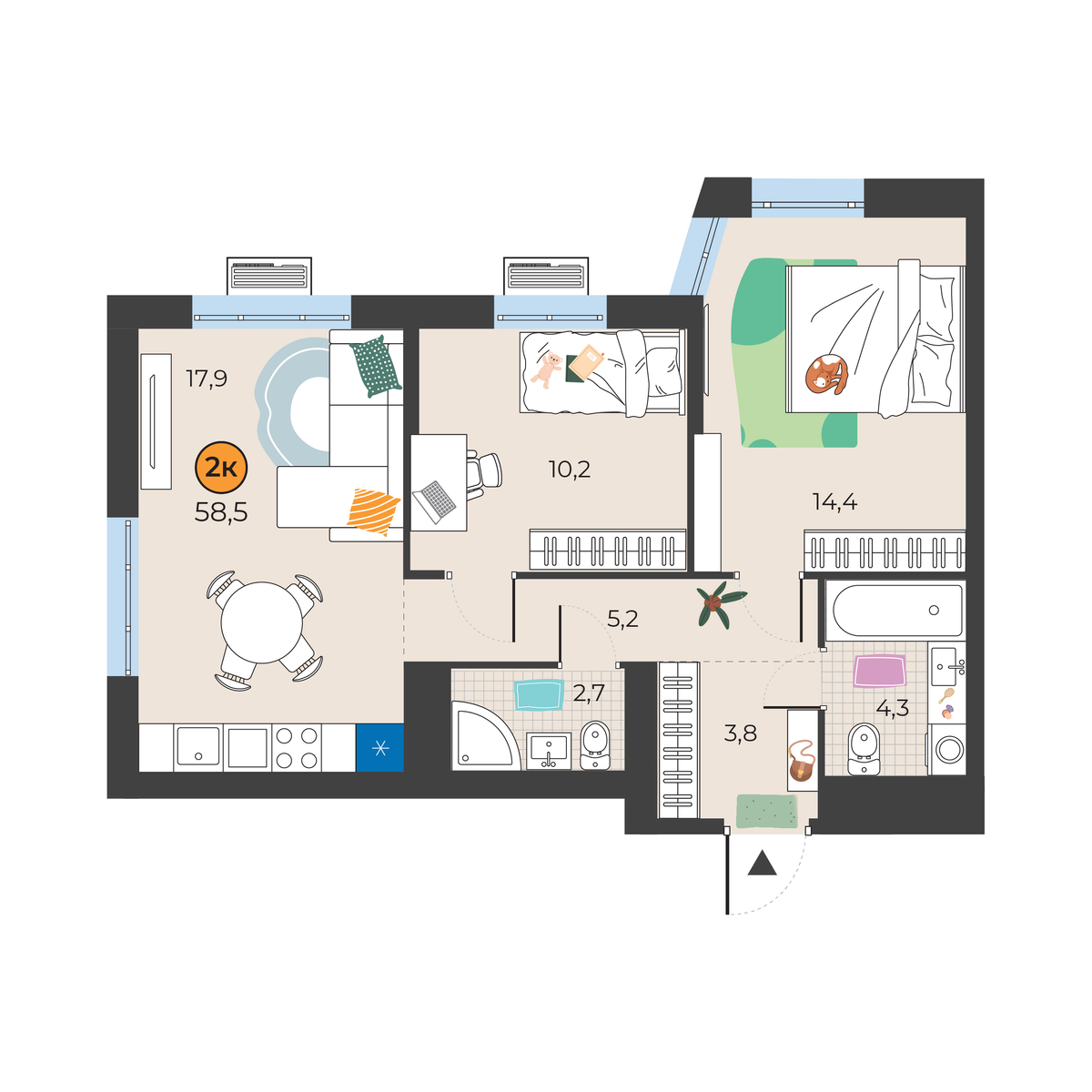 Планировка: Евротрешка 58.5 м² в ЖК Корней, Южный