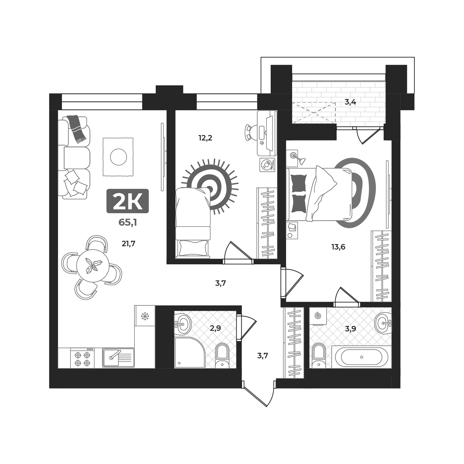 Планировка: Евротрешка 64.5 м² в ЖК Маэстро, 5-й Заречный