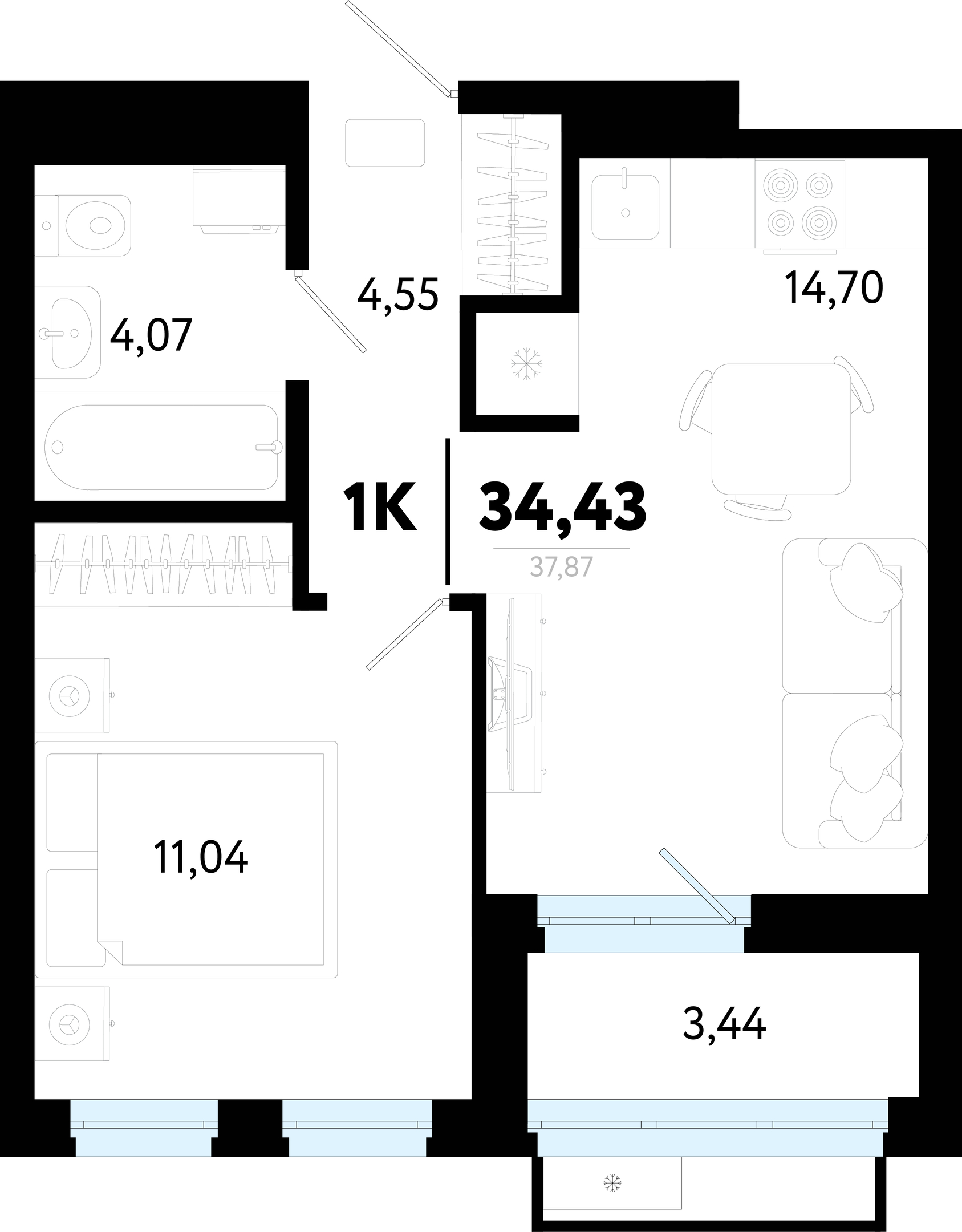 Планировка: Евродвушка 34.4 м² в ЖК Символ, Комарово Парк
