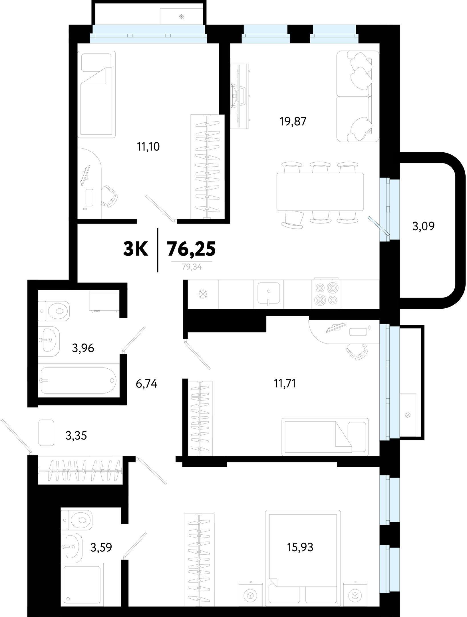 Планировка: 4-комнатная евро 76.2 м² в ЖК Символ, Комарово Парк