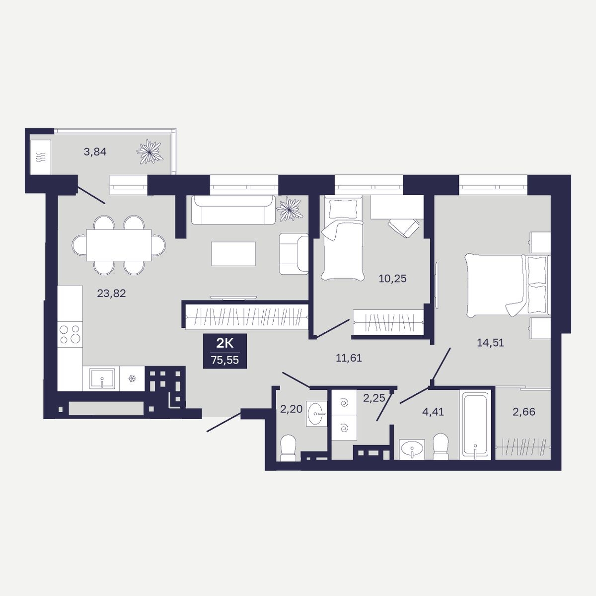 Планировка: Евротрешка 75.5 м² в ЖК Дом на Ямской, Дом Обороны