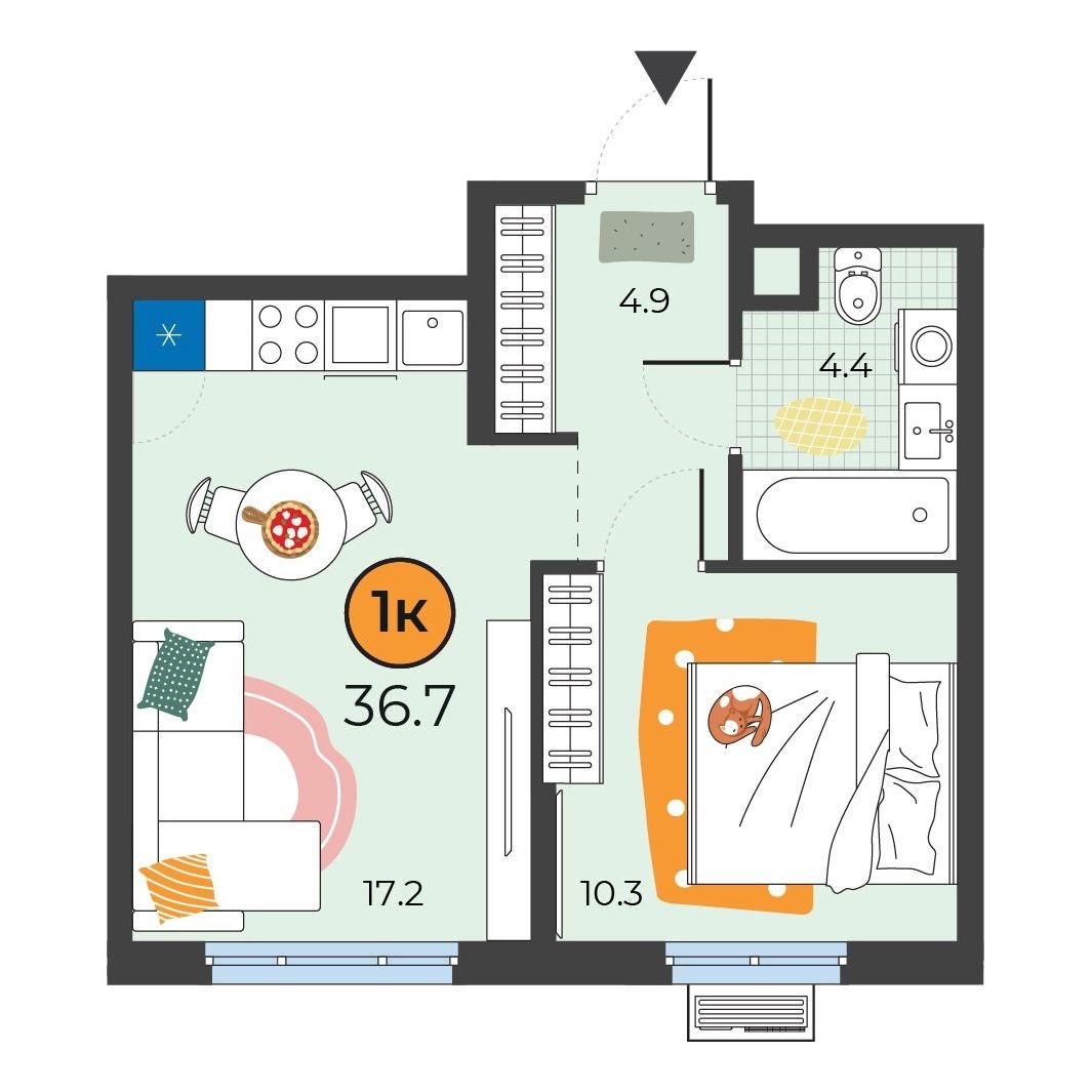 Планировка: Евродвушка 36.7 м² в ЖК Корней, Южный