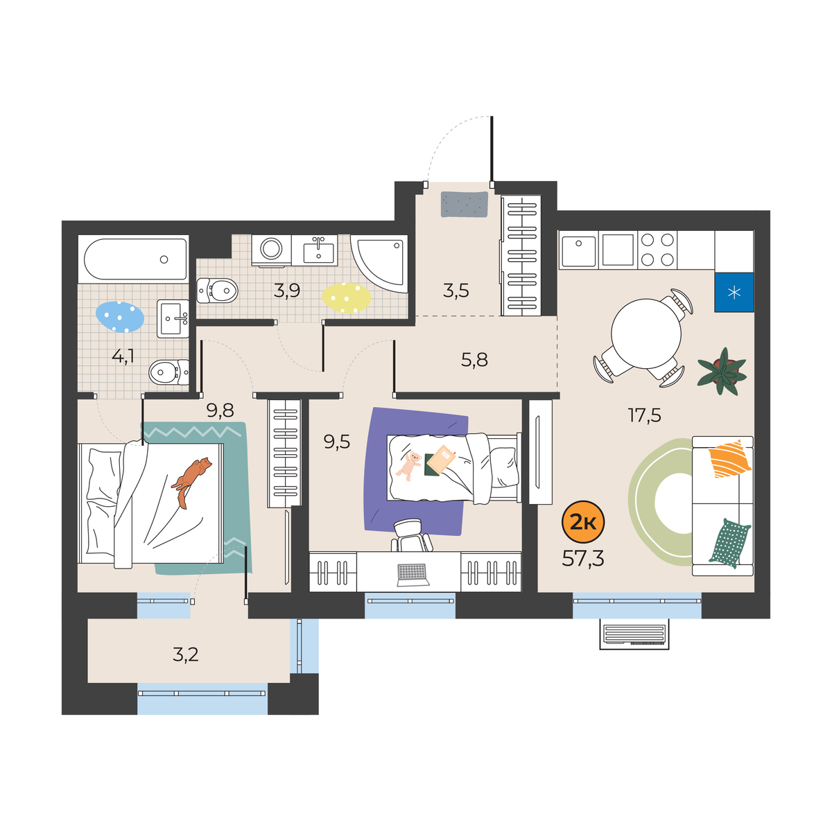 Планировка: Евротрешка 55.1 м² в ЖК Корней, Южный