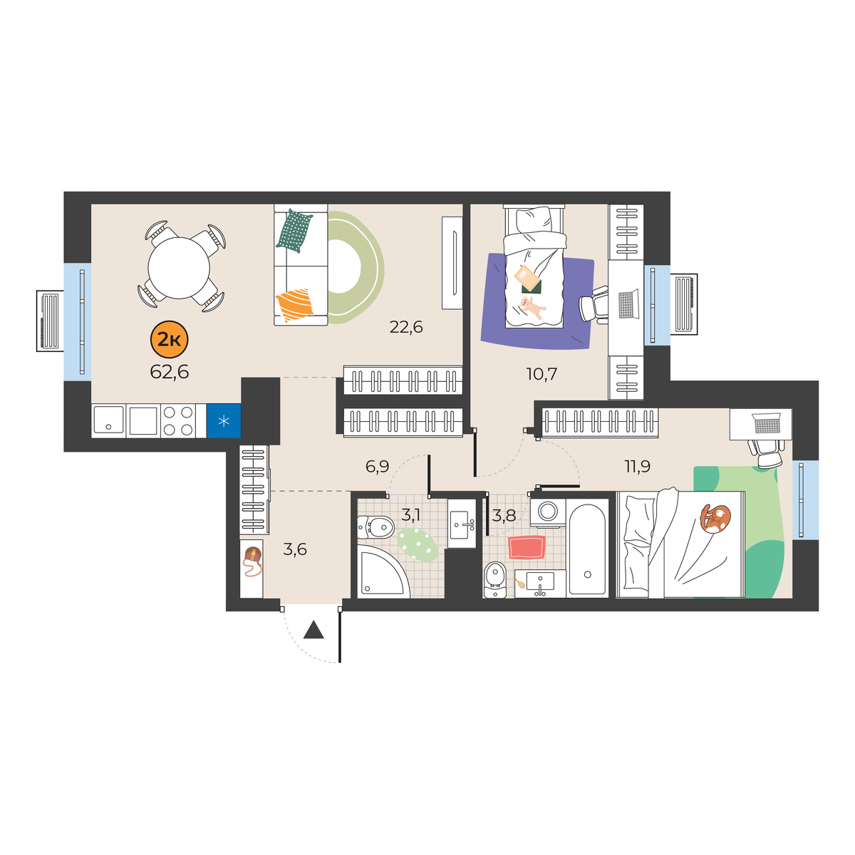 Планировка: Евротрешка 62.6 м² в ЖК Корней, Южный