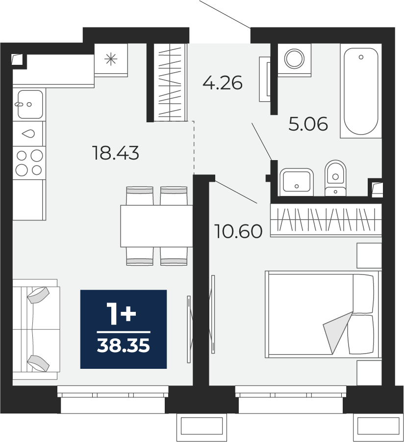 Планировка: Евродвушка 38.4 м² в ЖК Беринг, Лесобаза