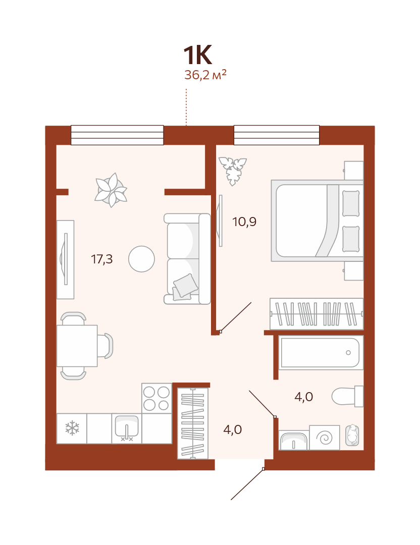 Планировка: Евродвушка 36.3 м² в ЖК Новатор, Центр: КПД