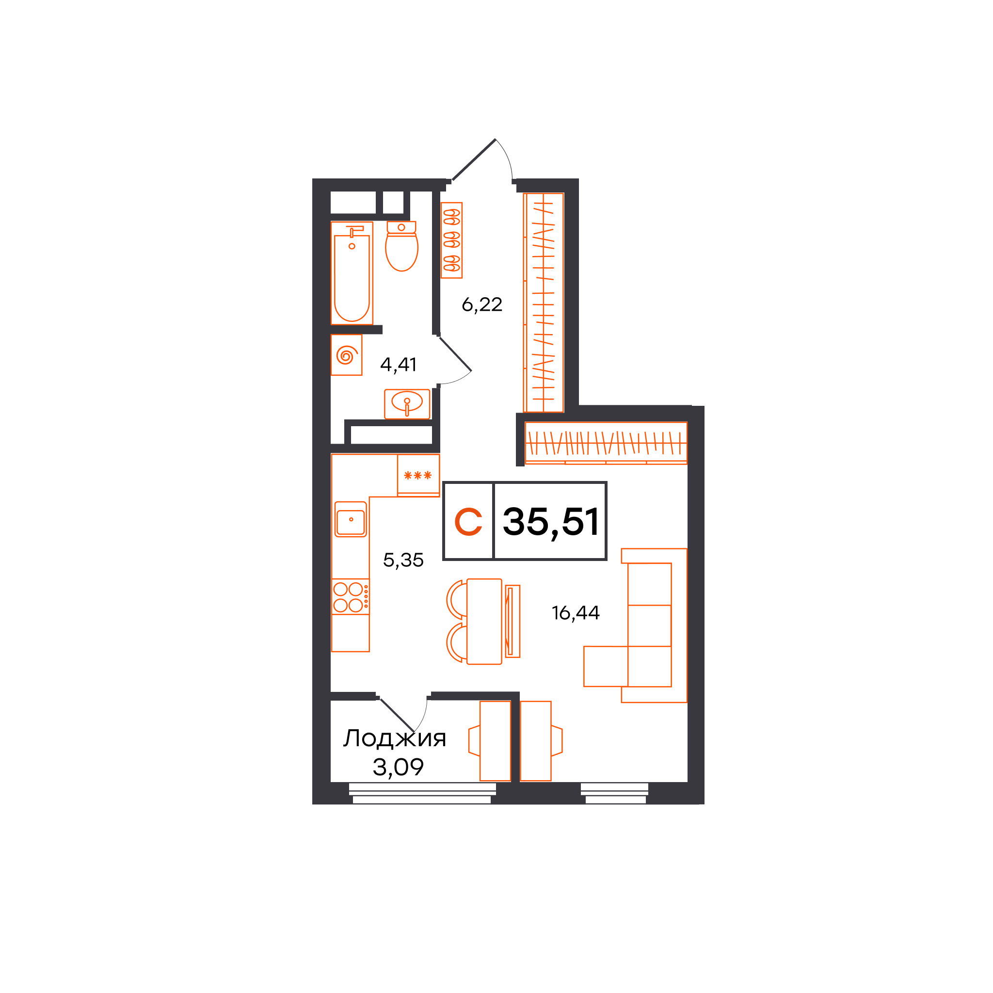 Планировка: Студия 35.5 м² в ЖК Отличие, Комарово Парк