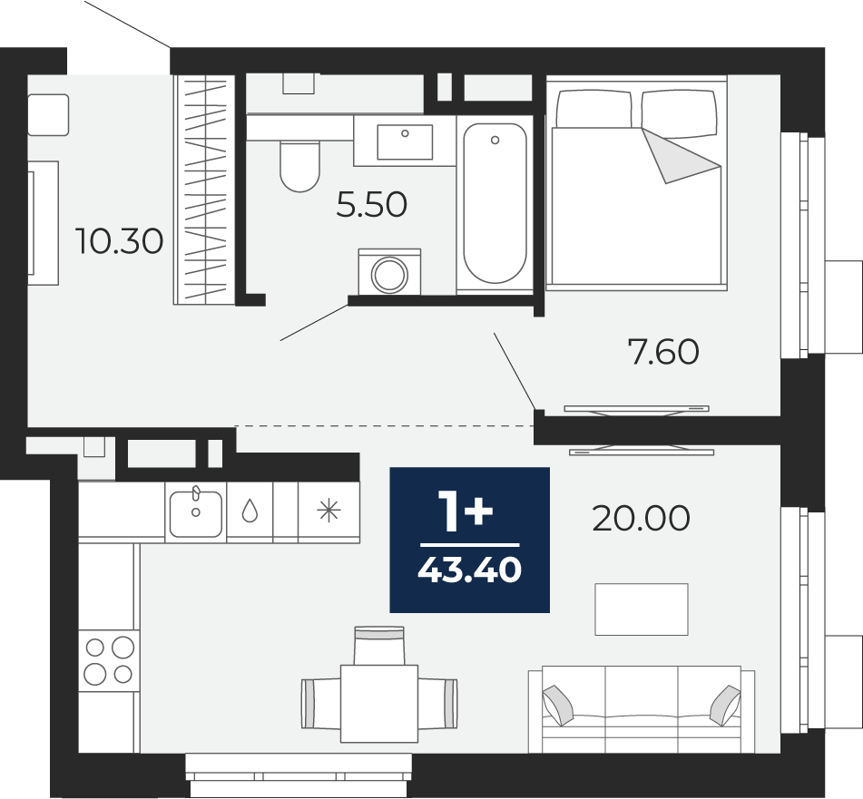 Планировка: Евродвушка 43.4 м² в ЖК Айвазовский, 5-й Заречный