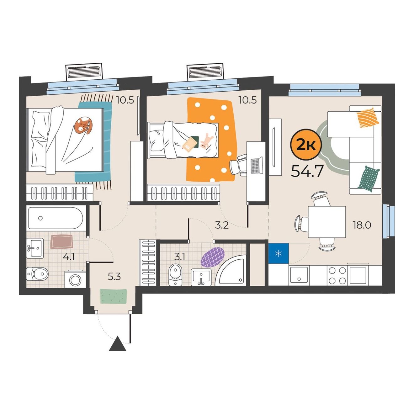 Планировка: Евротрешка 54.7 м² в ЖК Корней, Южный