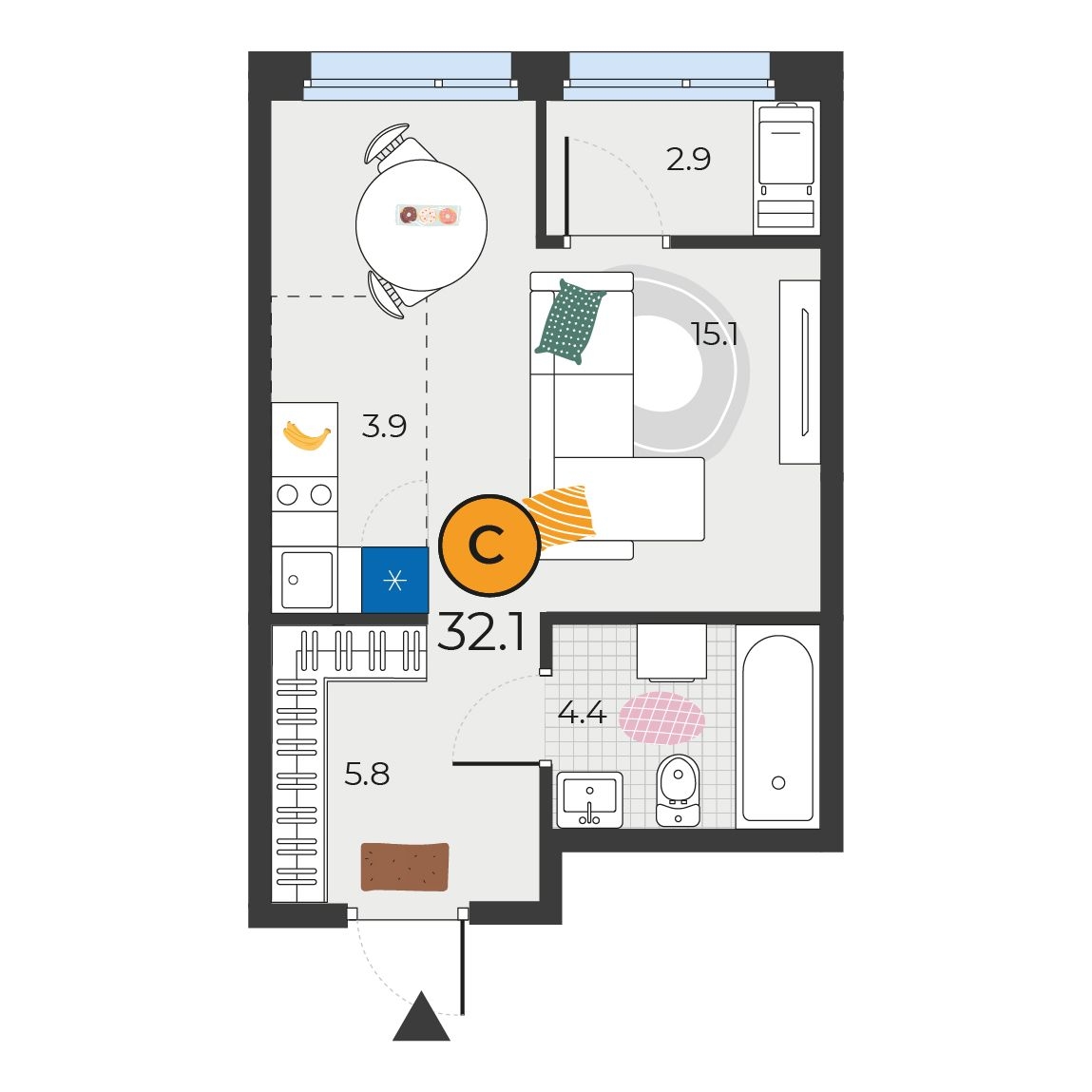 Планировка: Студия 32.1 м² в ЖК Корней, Южный