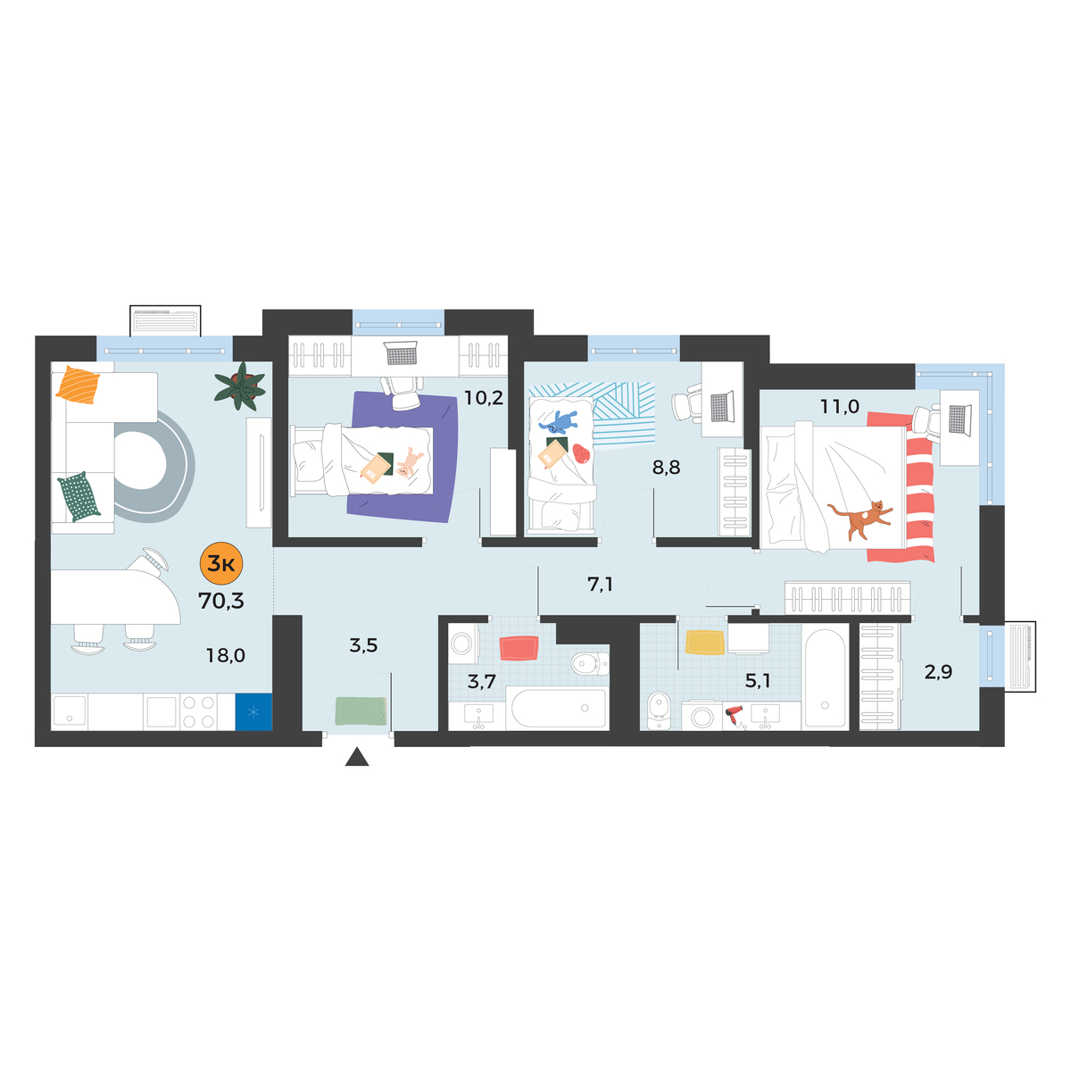 Планировка: 4-комнатная евро 70.3 м² в ЖК Корней, Южный