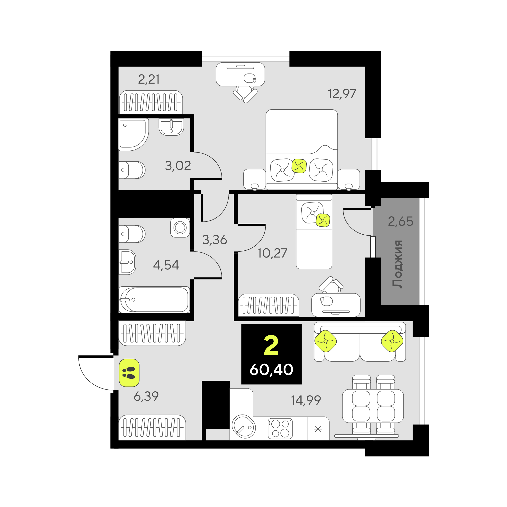 Планировка: Евротрешка 57.1 м² в ЖК Дивный квартал у озера, 5-й Заречный