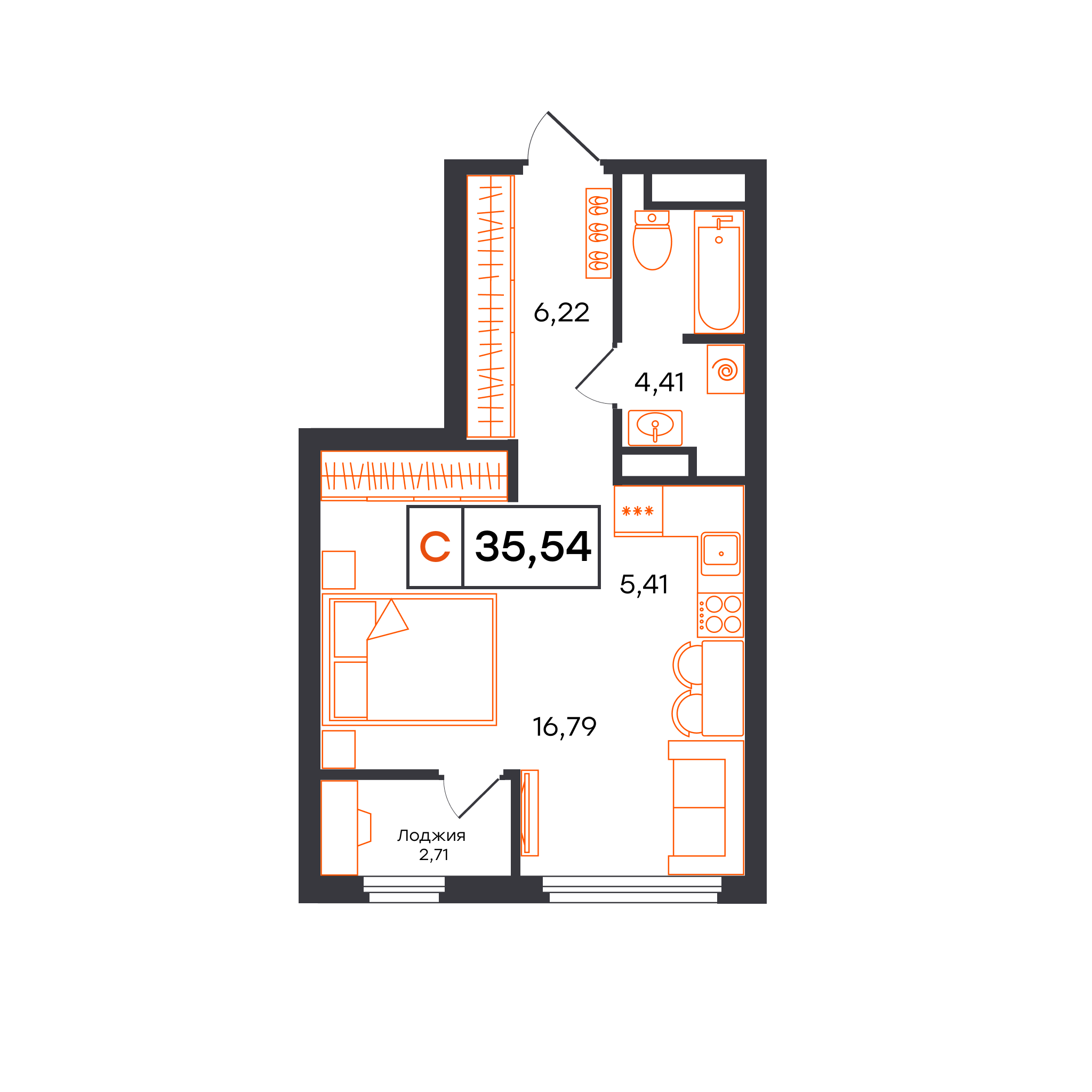 Планировка: Студия 35.5 м² в ЖК Отличие, Комарово Парк