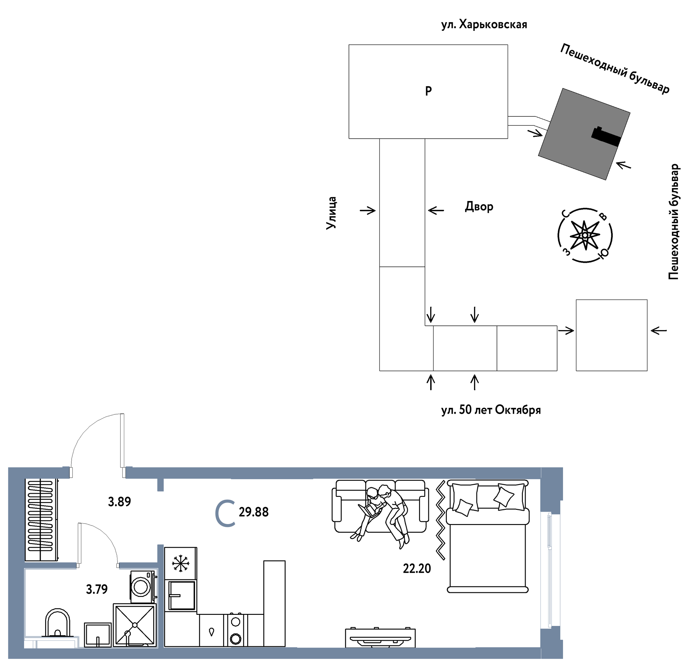 Планировка: Студия 29.9 м² в ЖК Сердце Сибири, Центр: КПД