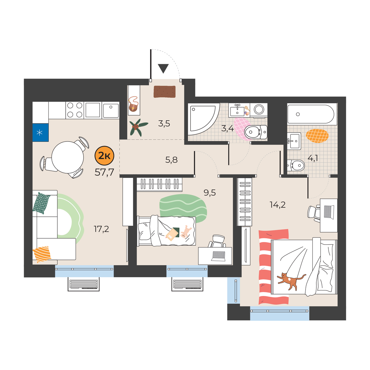 Планировка: Евротрешка 57.7 м² в ЖК Корней, Южный