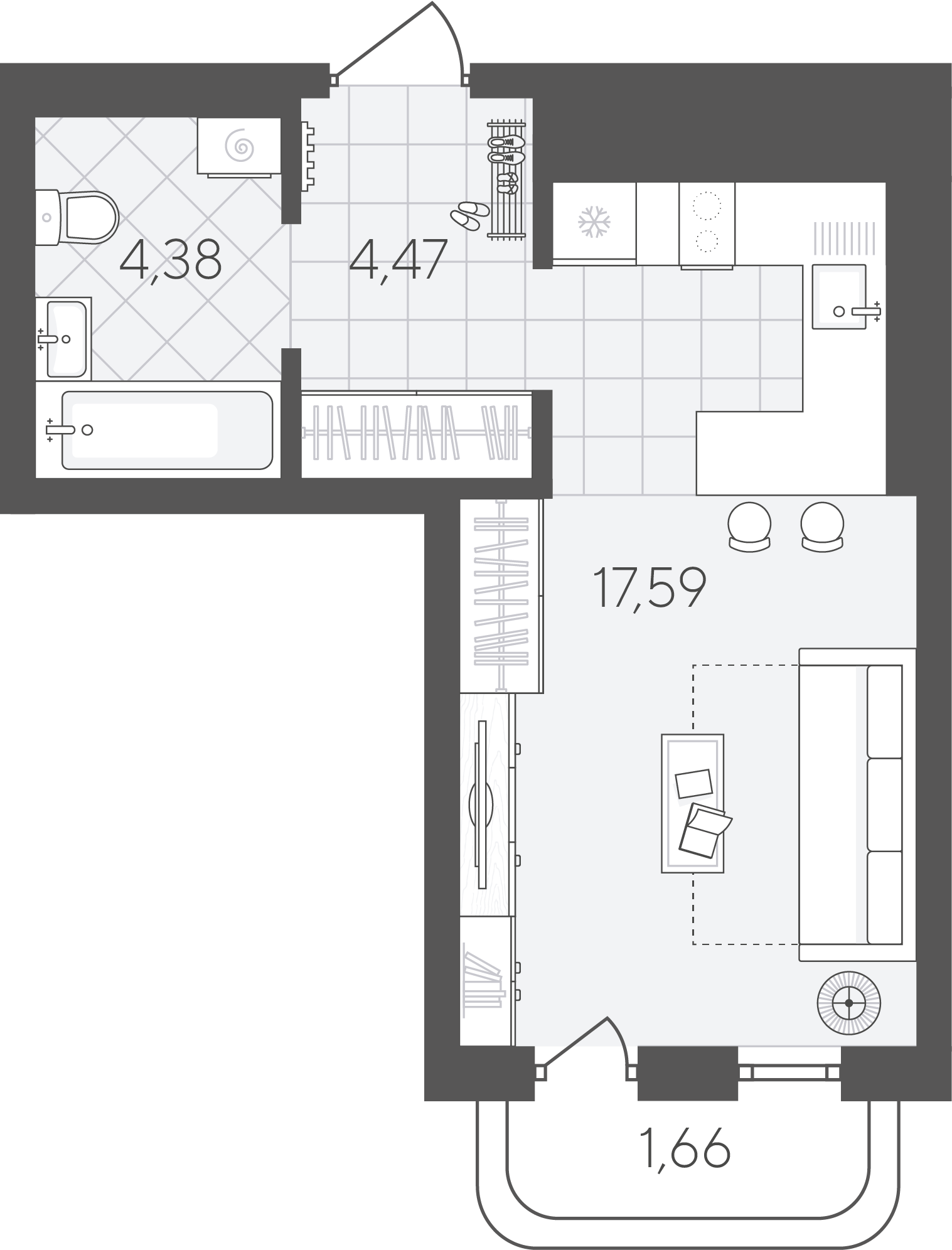 Планировка: Студия 28.1 м² в ЖК Скандиа. Квартал в Слободе, Тюменская слобода