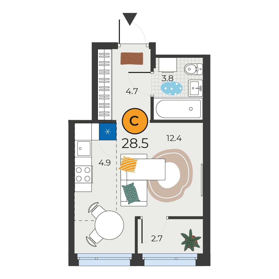 Планировка: Студия 28.5 м² в ЖК Корней, Южный