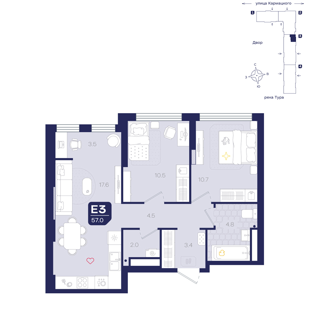 Планировка: Евротрешка 57 м² в ЖК Космо, 5-й Заречный