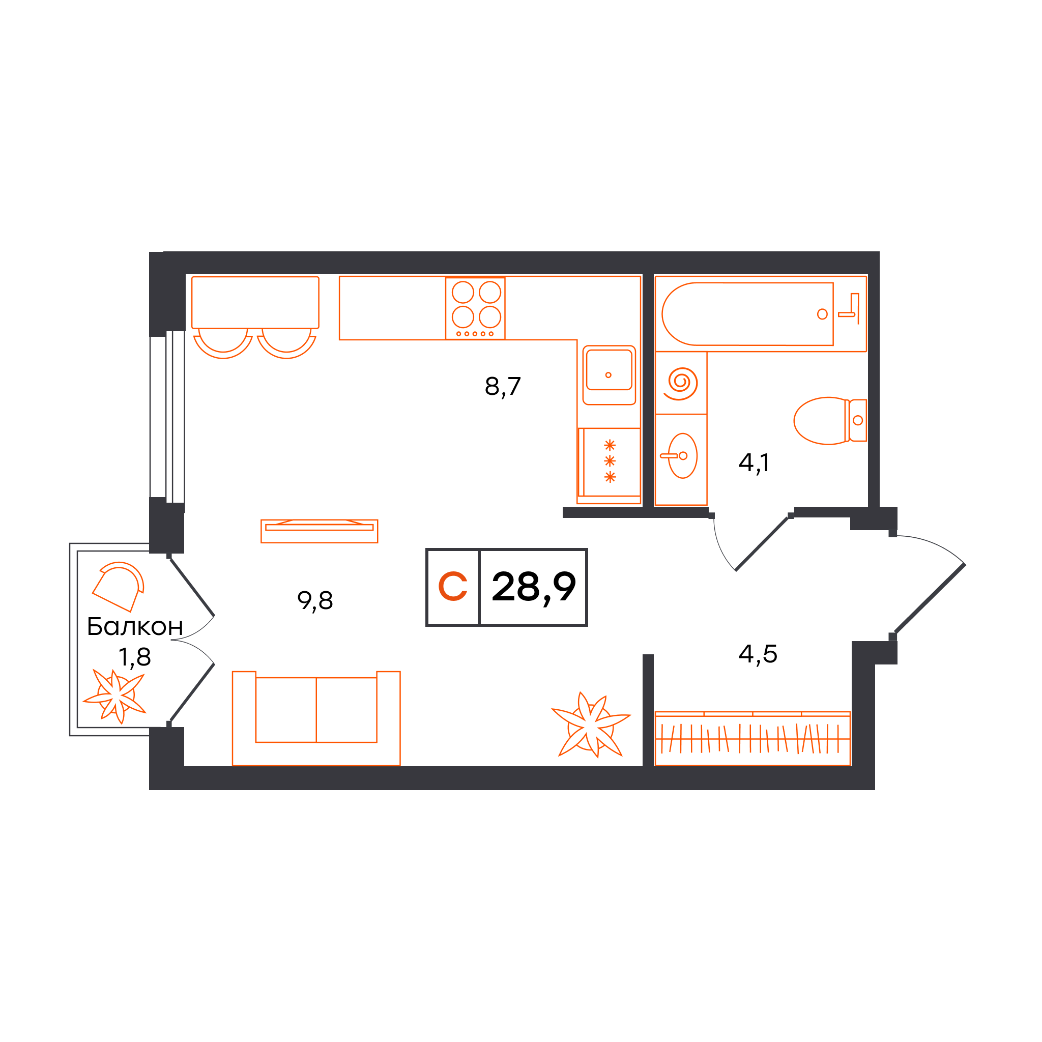 Планировка: Студия 28.9 м² в ЖК Отличие, Комарово Парк