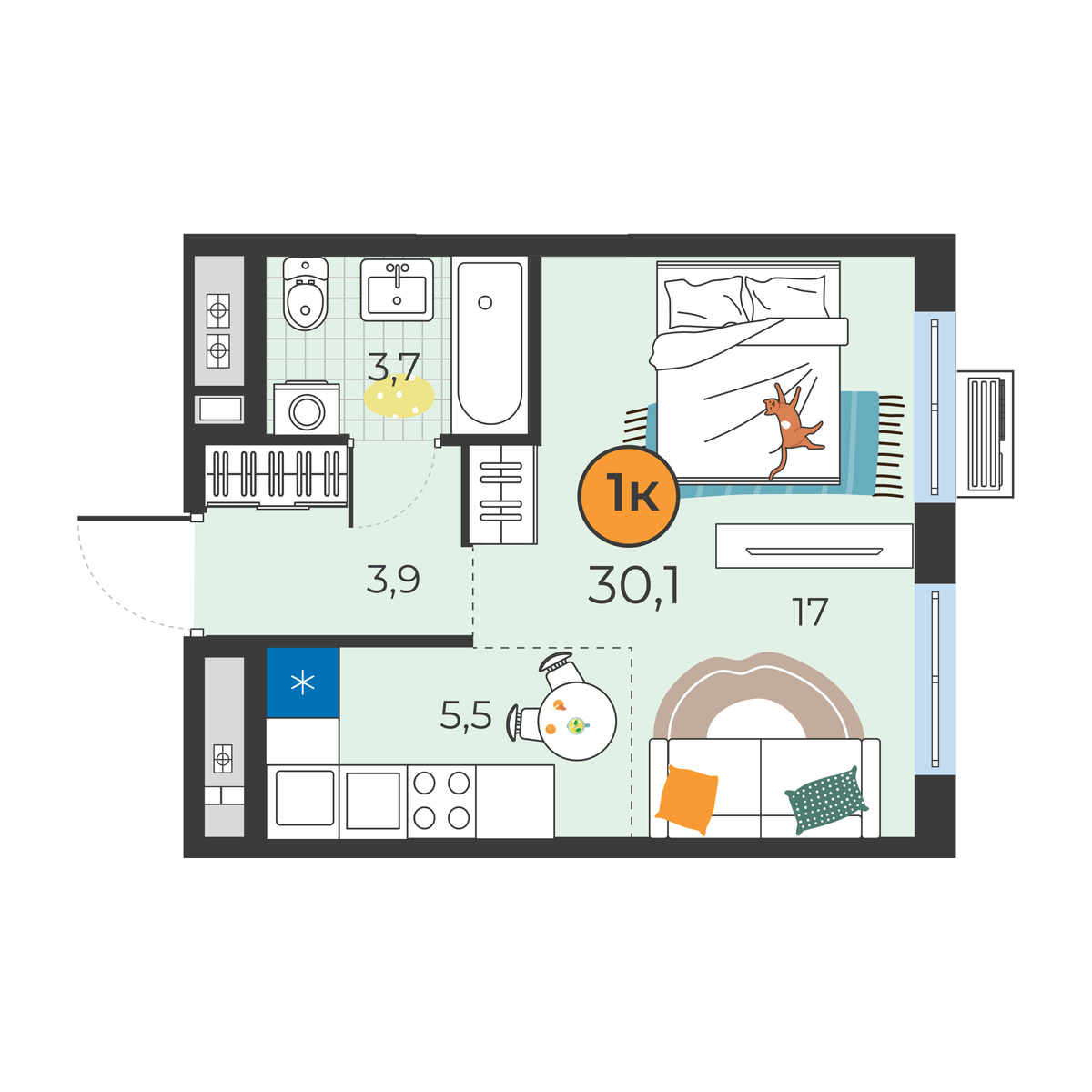 Планировка: Студия 30.1 м² в ЖК Корней, Южный