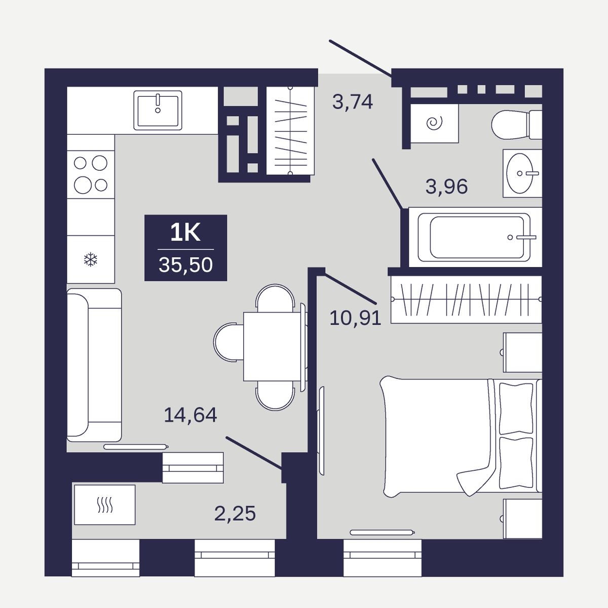 Планировка: Евродвушка 35.5 м² в ЖК Дом на Ямской, Дом Обороны