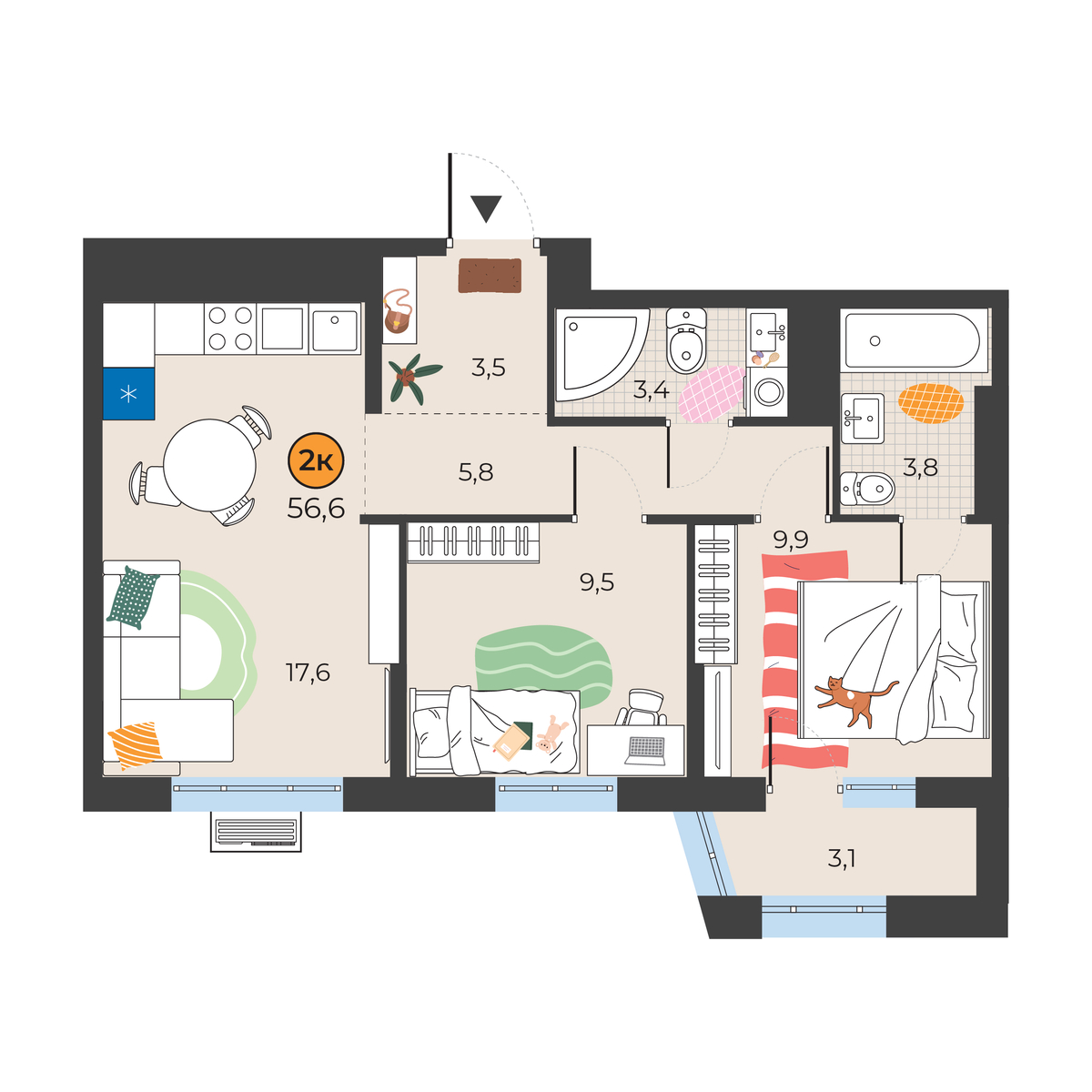 Планировка: Евротрешка 54.4 м² в ЖК Корней, Южный