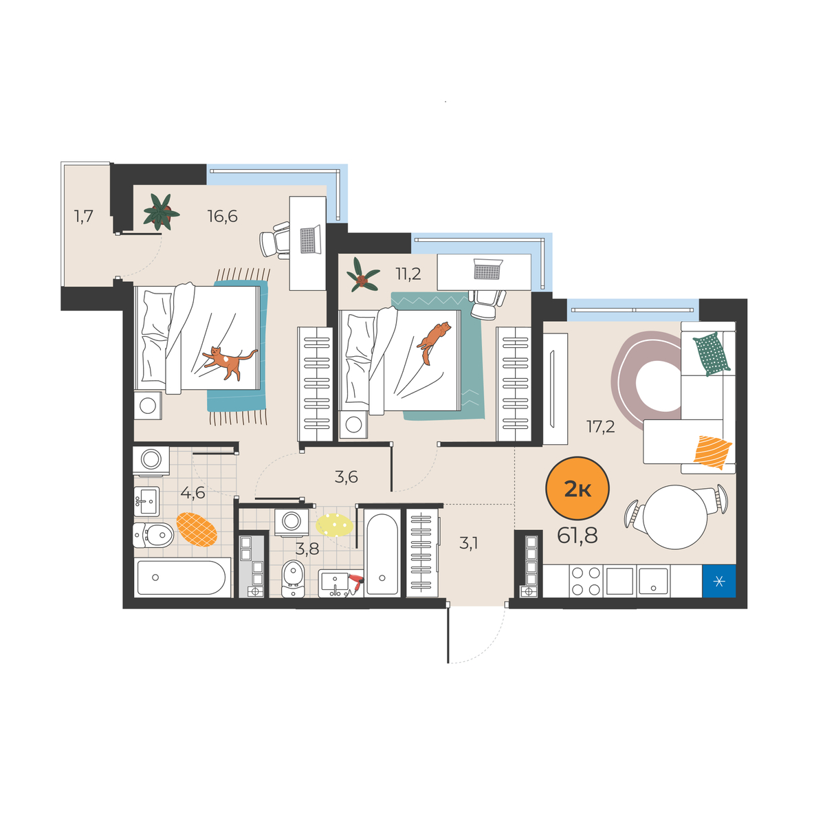 Планировка: Евротрешка 60.1 м² в ЖК Корней, Южный