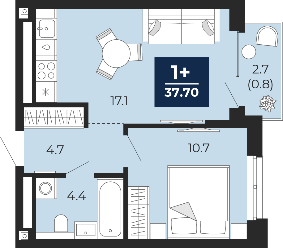Планировка: Евродвушка 36.9 м² в ЖК Мириады, Мыс