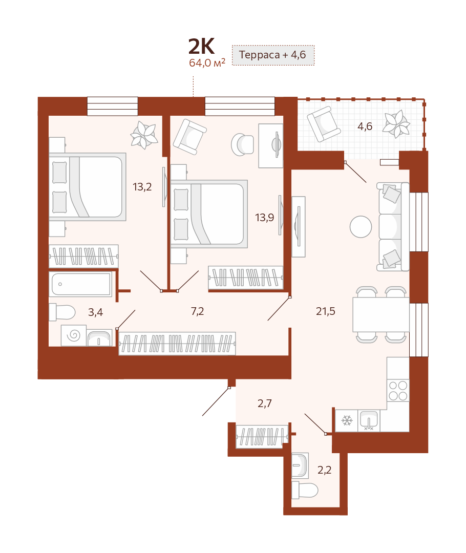 Планировка: Евротрешка 64 м² в ЖК Новатор, Центр: КПД
