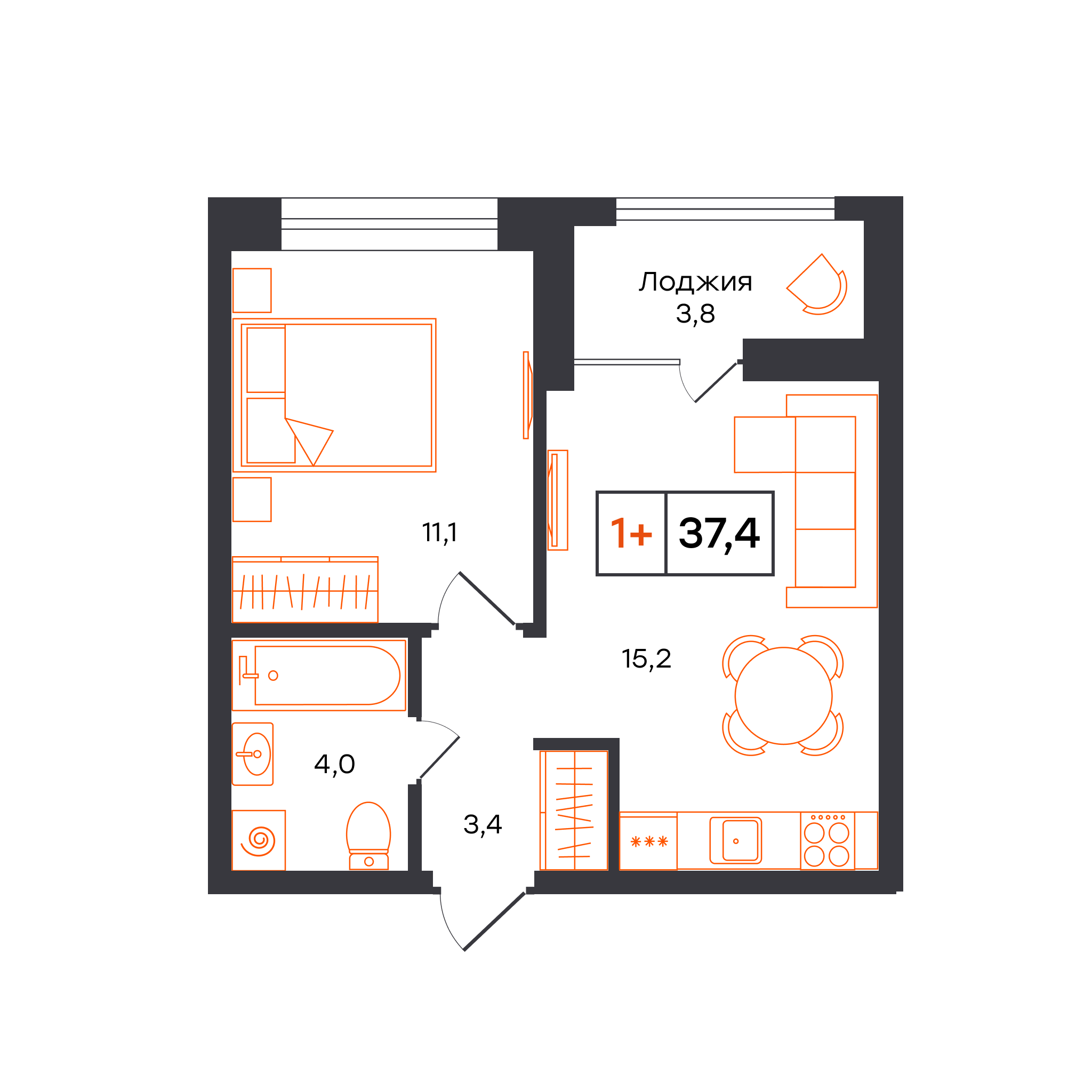 Планировка: Евродвушка 37.4 м² в ЖК Умный квартал UNO, Московский тракт
