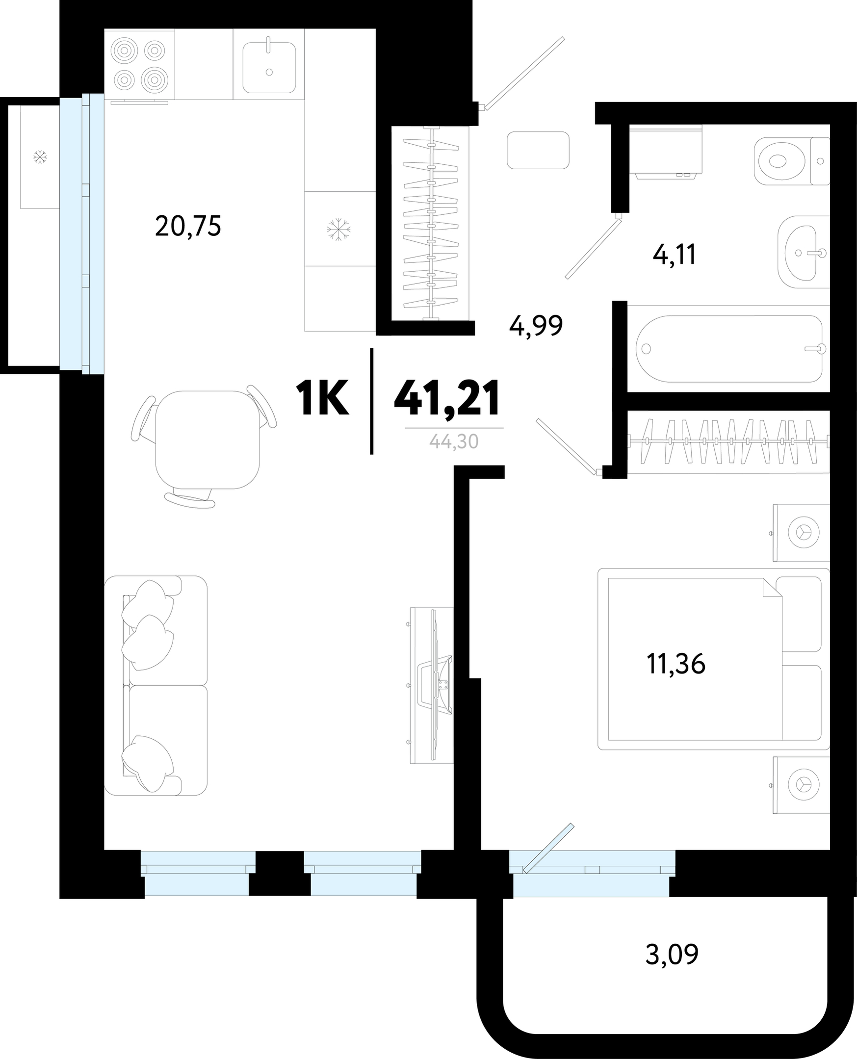 Планировка: Евродвушка 41.2 м² в ЖК Символ, Комарово Парк