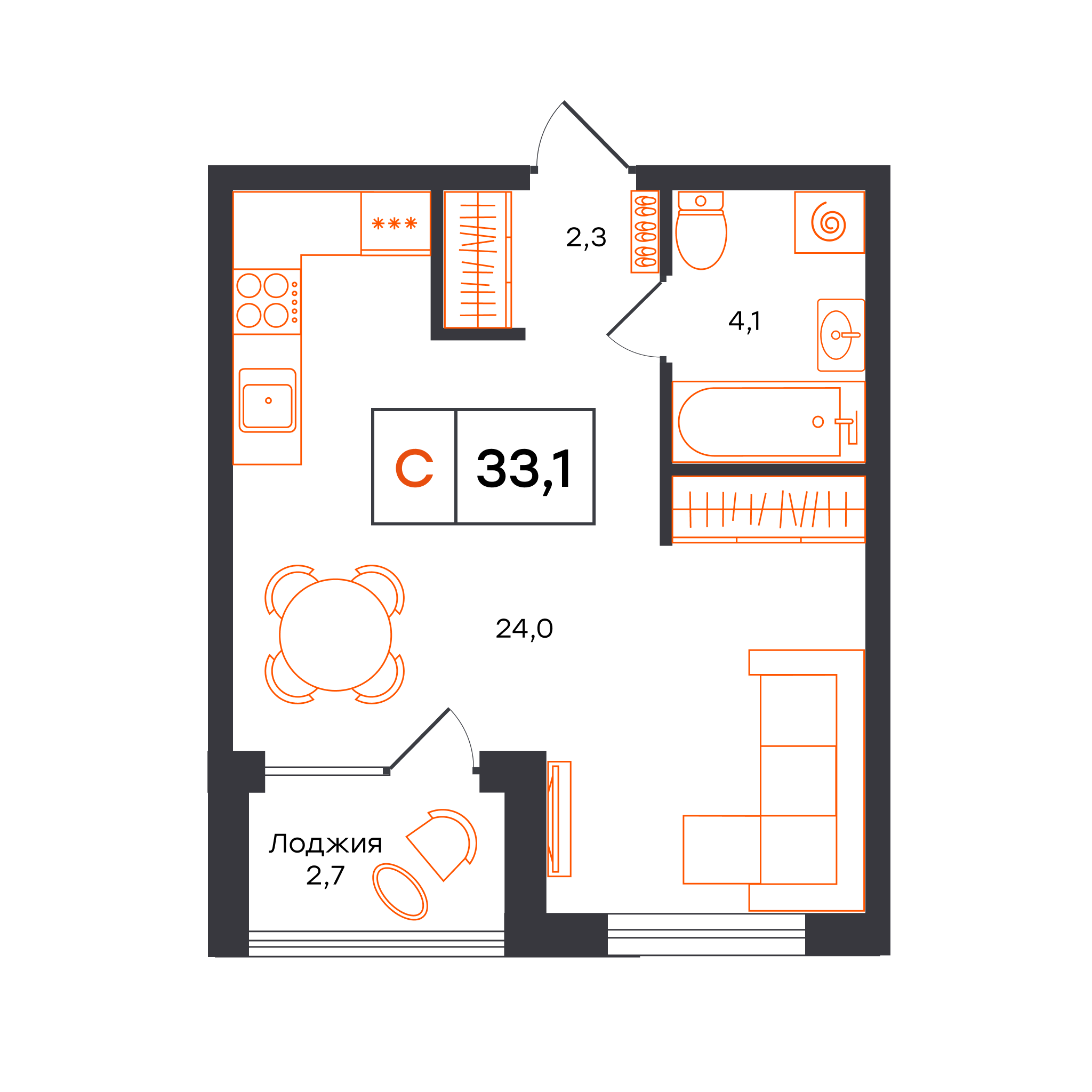 Планировка: Студия 33.1 м² в ЖК Чемпионский, Чемпионский