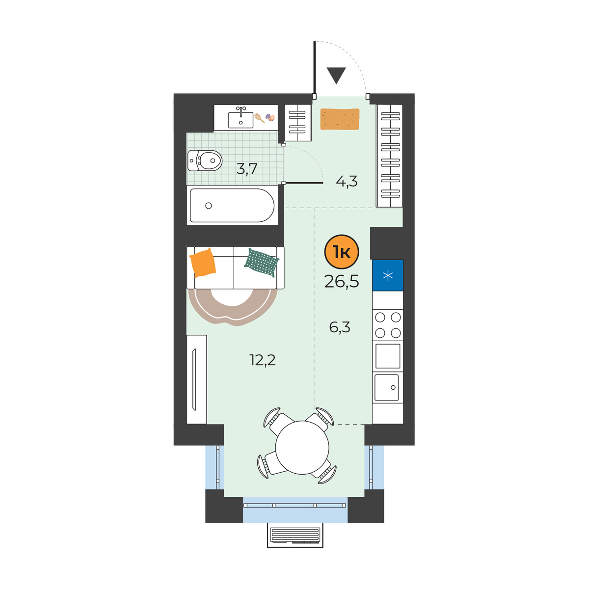 Планировка: Студия 26.5 м² в ЖК Корней, Южный