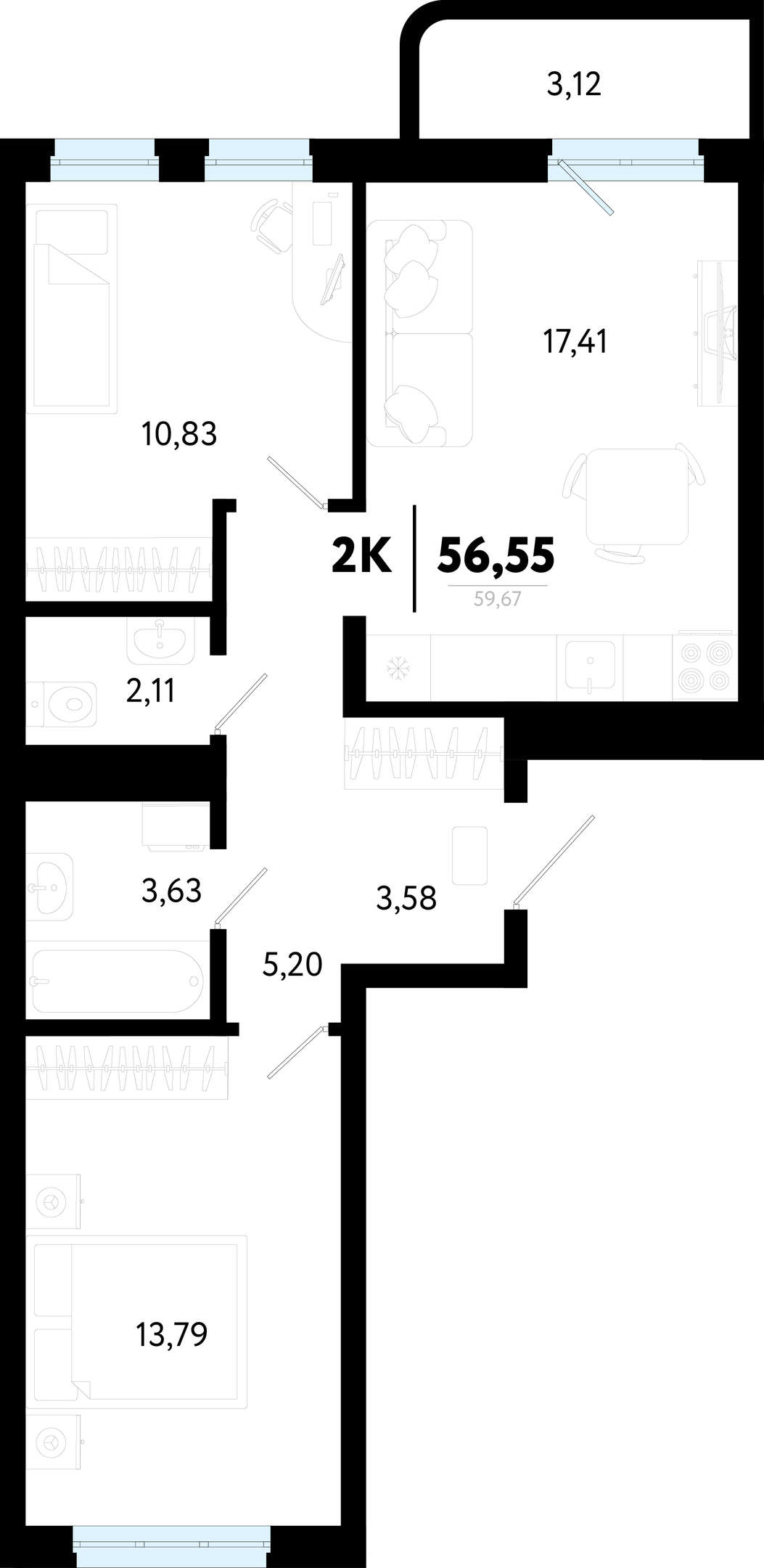 Планировка: Евротрешка 56.5 м² в ЖК Символ, Комарово Парк