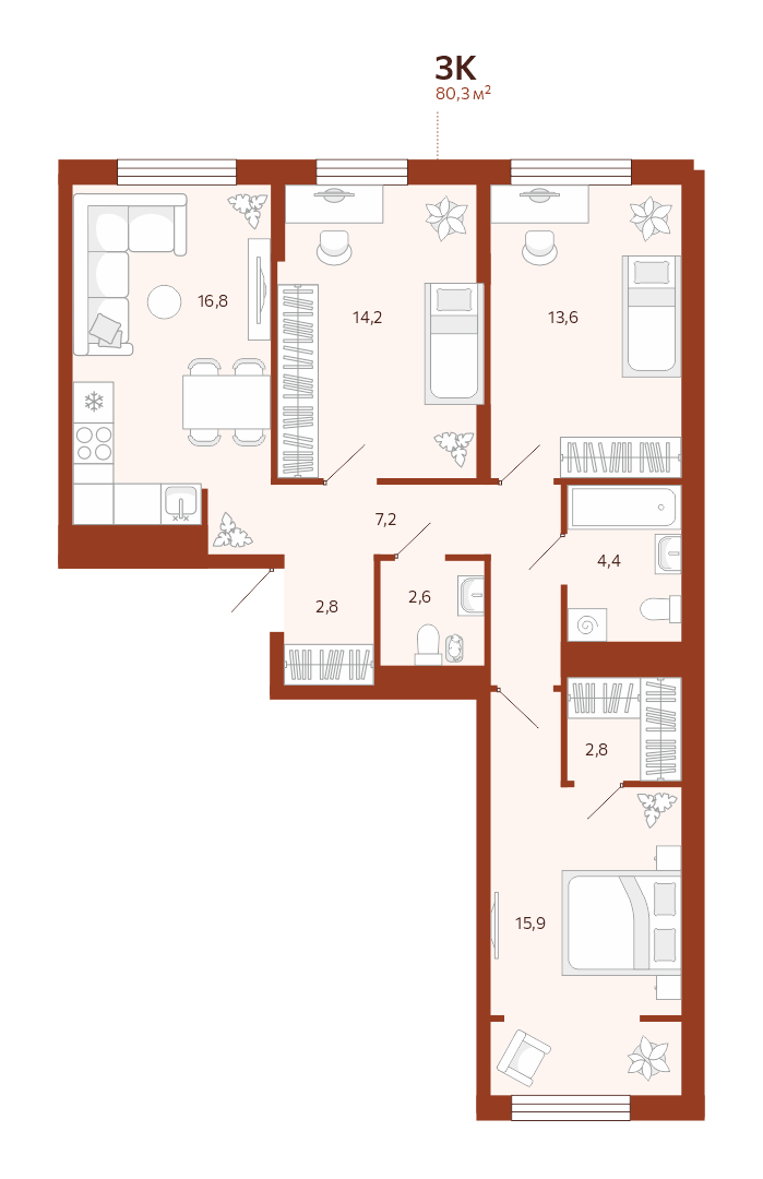 Планировка: 4-комнатная евро 80.3 м² в ЖК Новатор, Центр: КПД