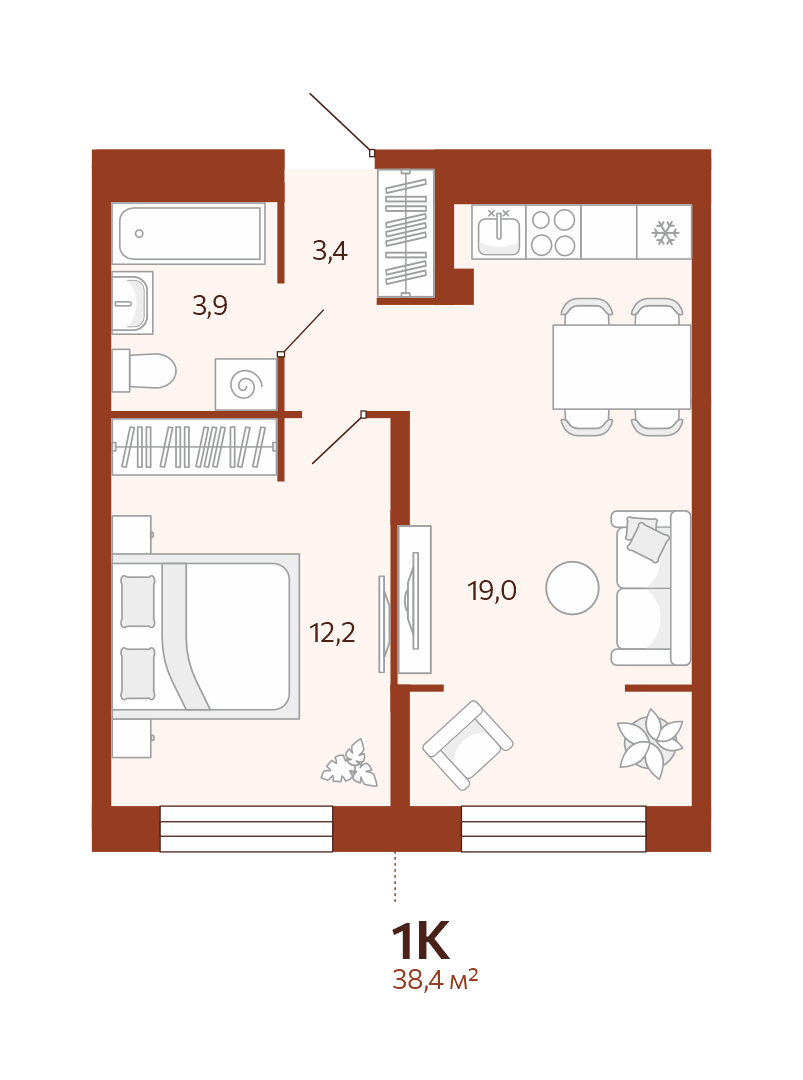 Планировка: Евродвушка 38.4 м² в ЖК Новатор, Центр: КПД