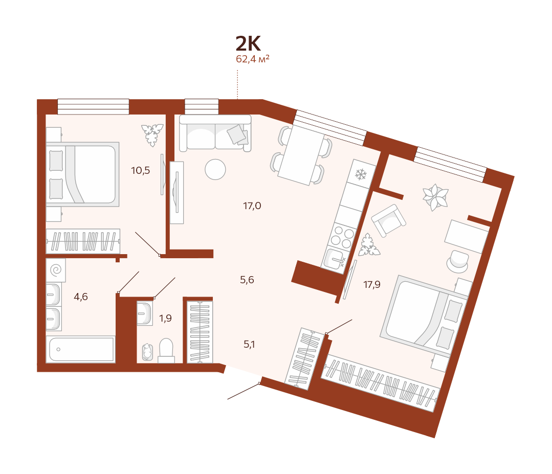 Планировка: Евротрешка 62.4 м² в ЖК Новатор, Центр: КПД